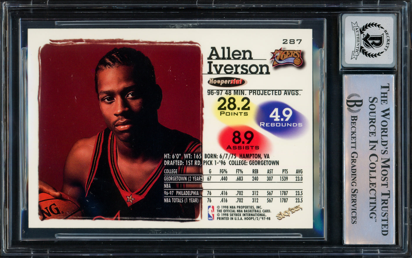 Allen Iverson Autographed 1997-98 Hoops Card #287 Philadelphia 76ers Auto Grade Gem Mint 10 Beckett BAS Witnessed #16561824