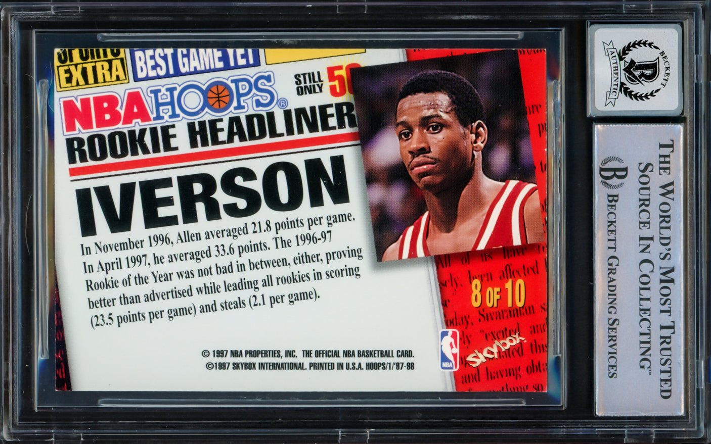 Allen Iverson Autographed 1997-98 Hoops Rookie Headliners Card #RH8 Philadelphia 76ers Auto Grade Gem Mint 10 Beckett BAS Witnessed #16562123