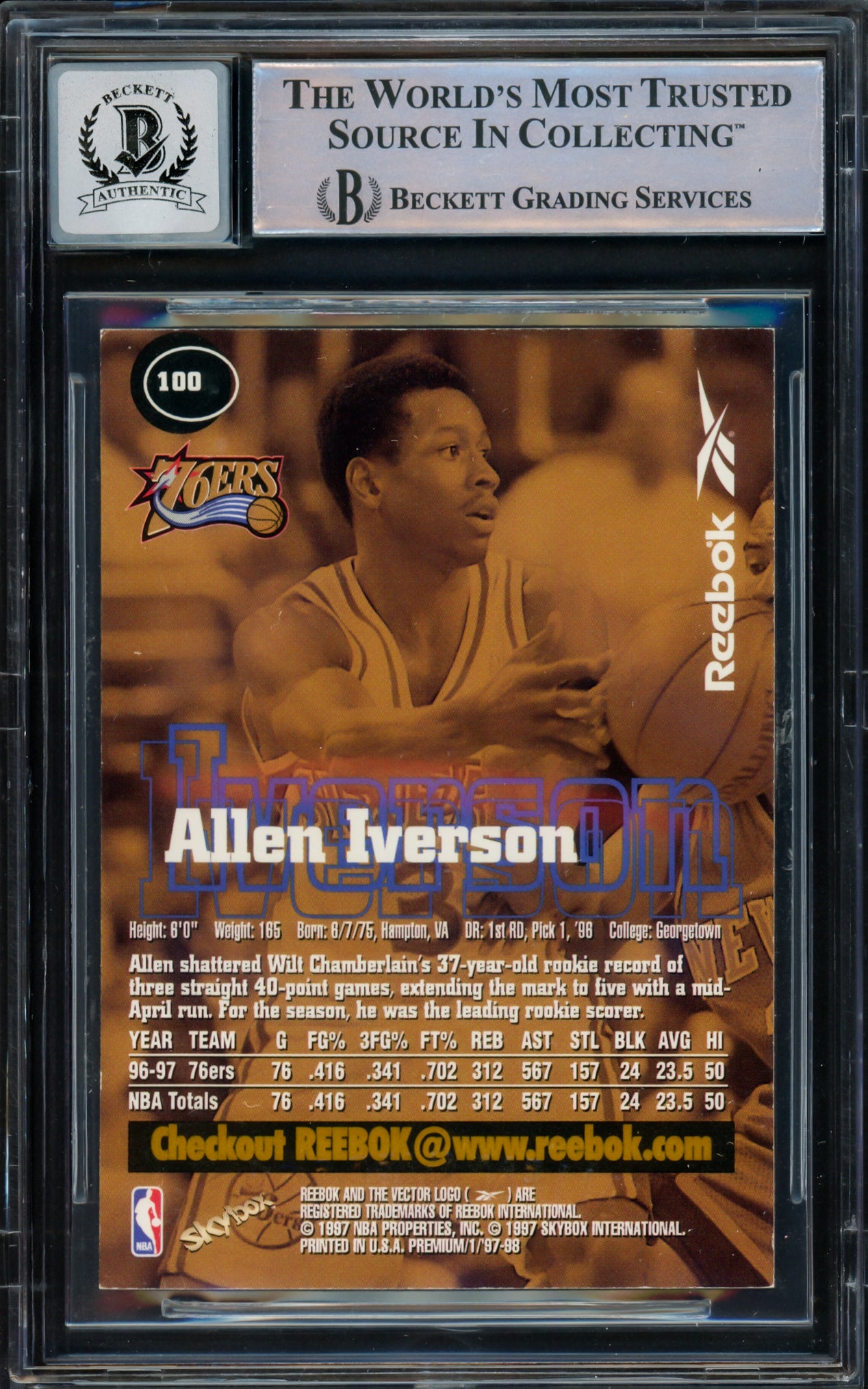 Allen Iverson Autographed 1997-98 Skybox Premium Reebok Gold Card #100 Philadelphia 76ers Auto Grade Gem Mint 10 Beckett BAS Witnessed #16562228