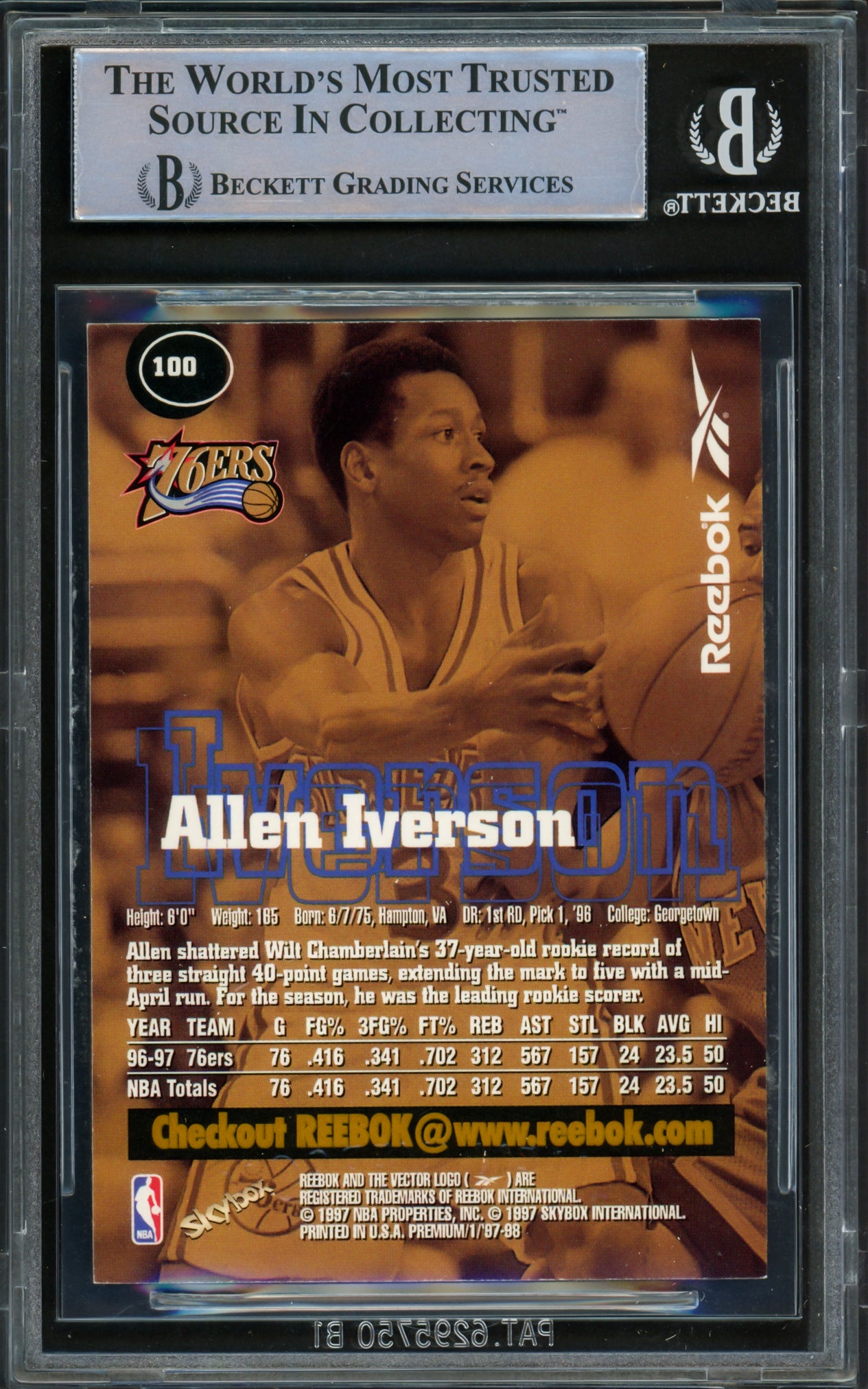 Allen Iverson Autographed 1997-98 Skybox Premium Reebok Gold Card #100 Philadelphia 76ers Beckett BAS Witnessed #16562963