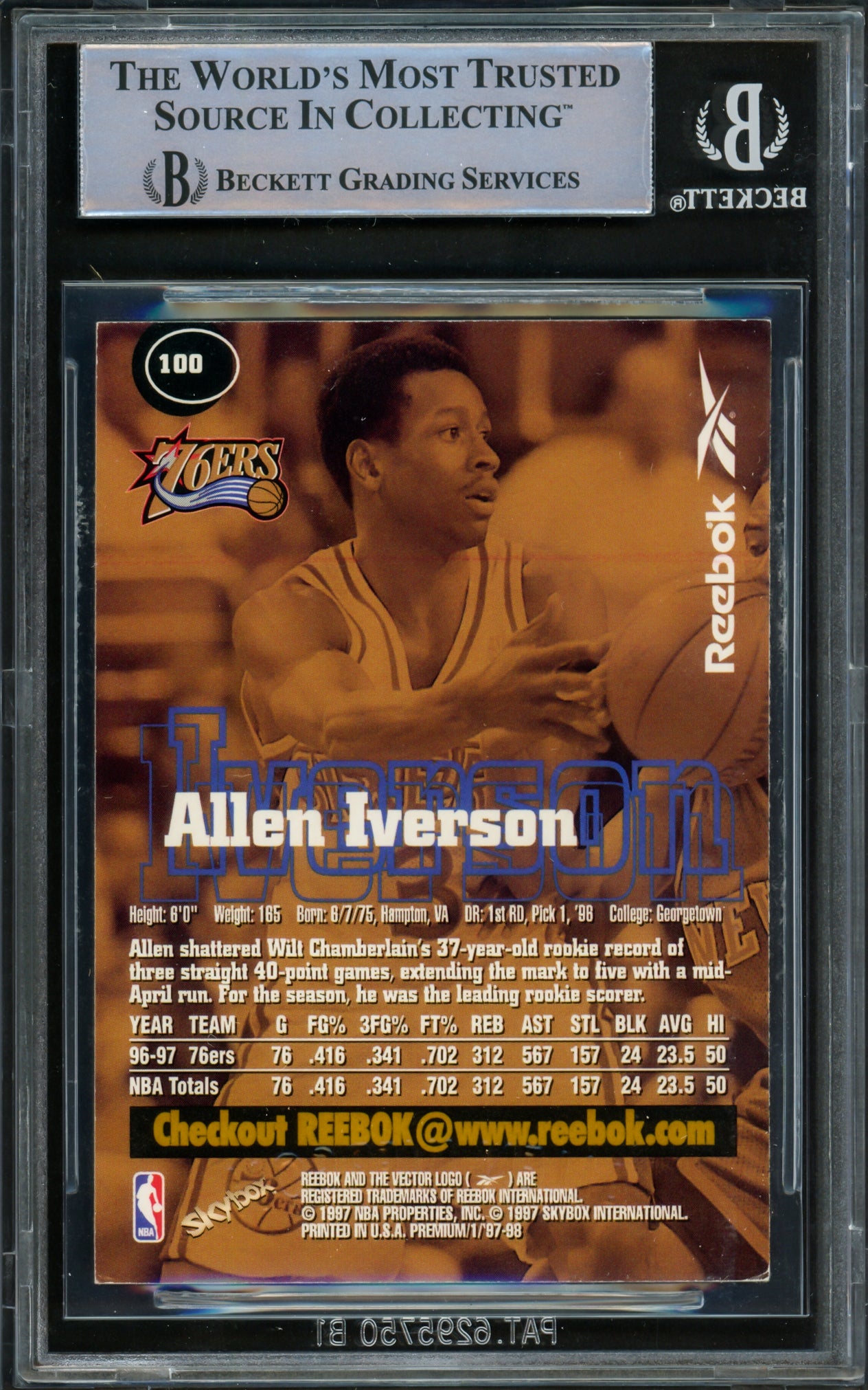 Allen Iverson Autographed 1997-98 Skybox Premium Reebok Gold Card #100 Philadelphia 76ers Beckett BAS Witnessed #16562962