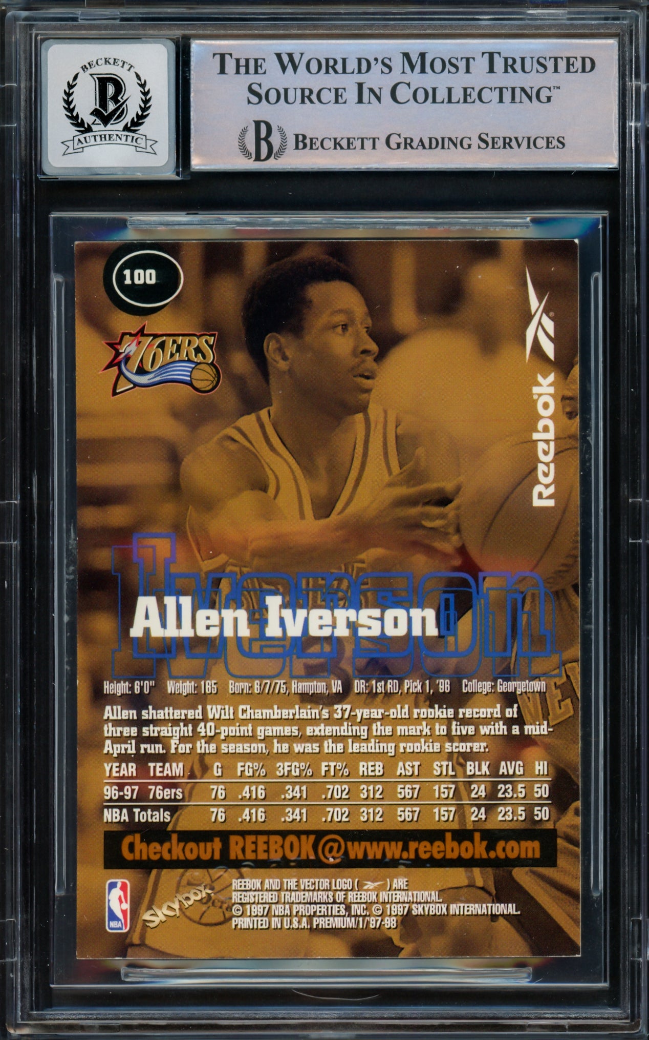 Allen Iverson Autographed 1997-98 Skybox Premium Reebok Bronze Card #100 Philadelphia 76ers Auto Grade Gem Mint 10 Beckett BAS Witnessed #16562222