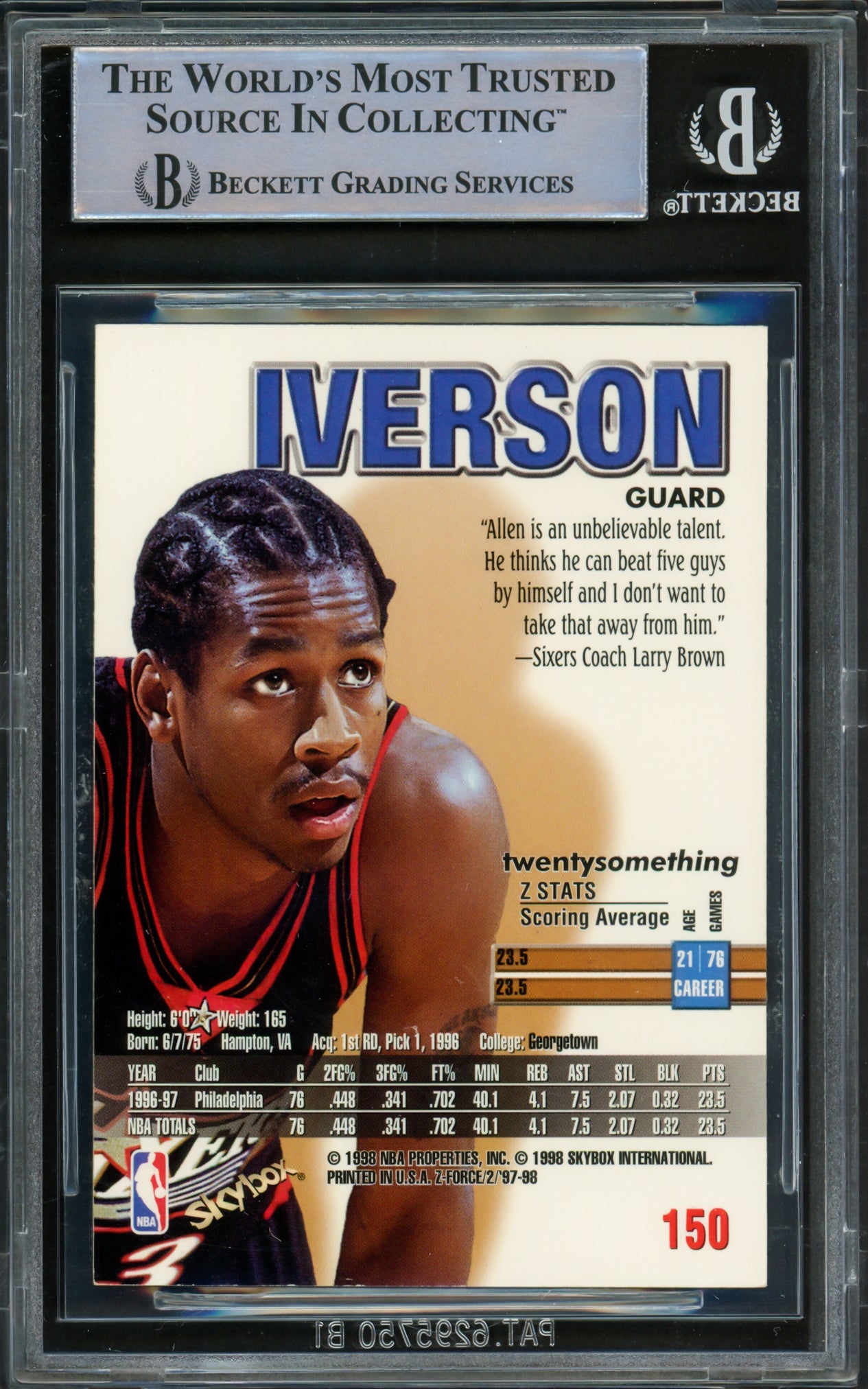 Allen Iverson Autographed 1997-98 Skybox Z-Force Card #150 Philadelphia 76ers Beckett BAS Witnessed #16562906