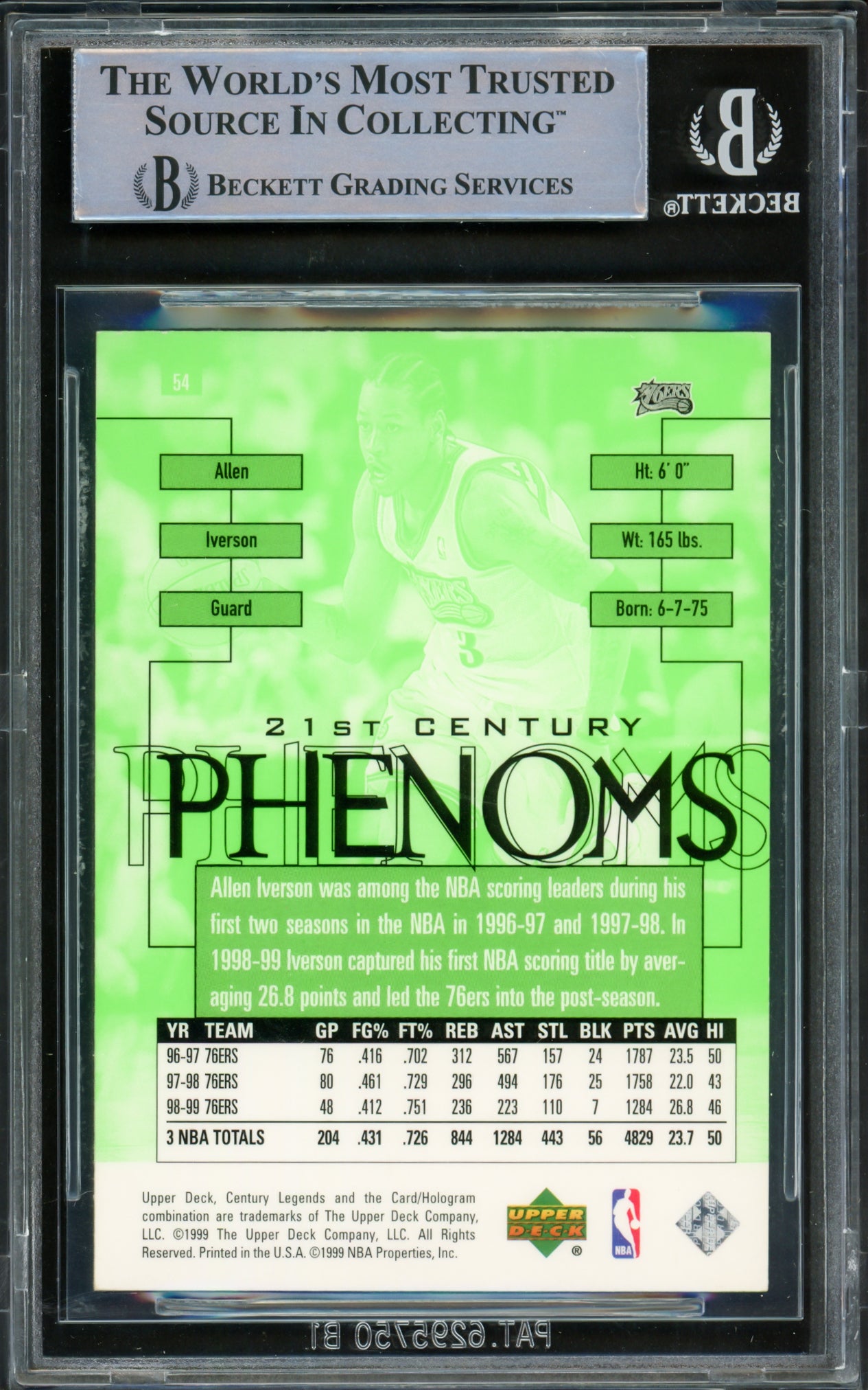 Allen Iverson Autographed 1999 UD Century Legends Card #54 Philadelphia 76ers Beckett BAS Witnessed #16562845