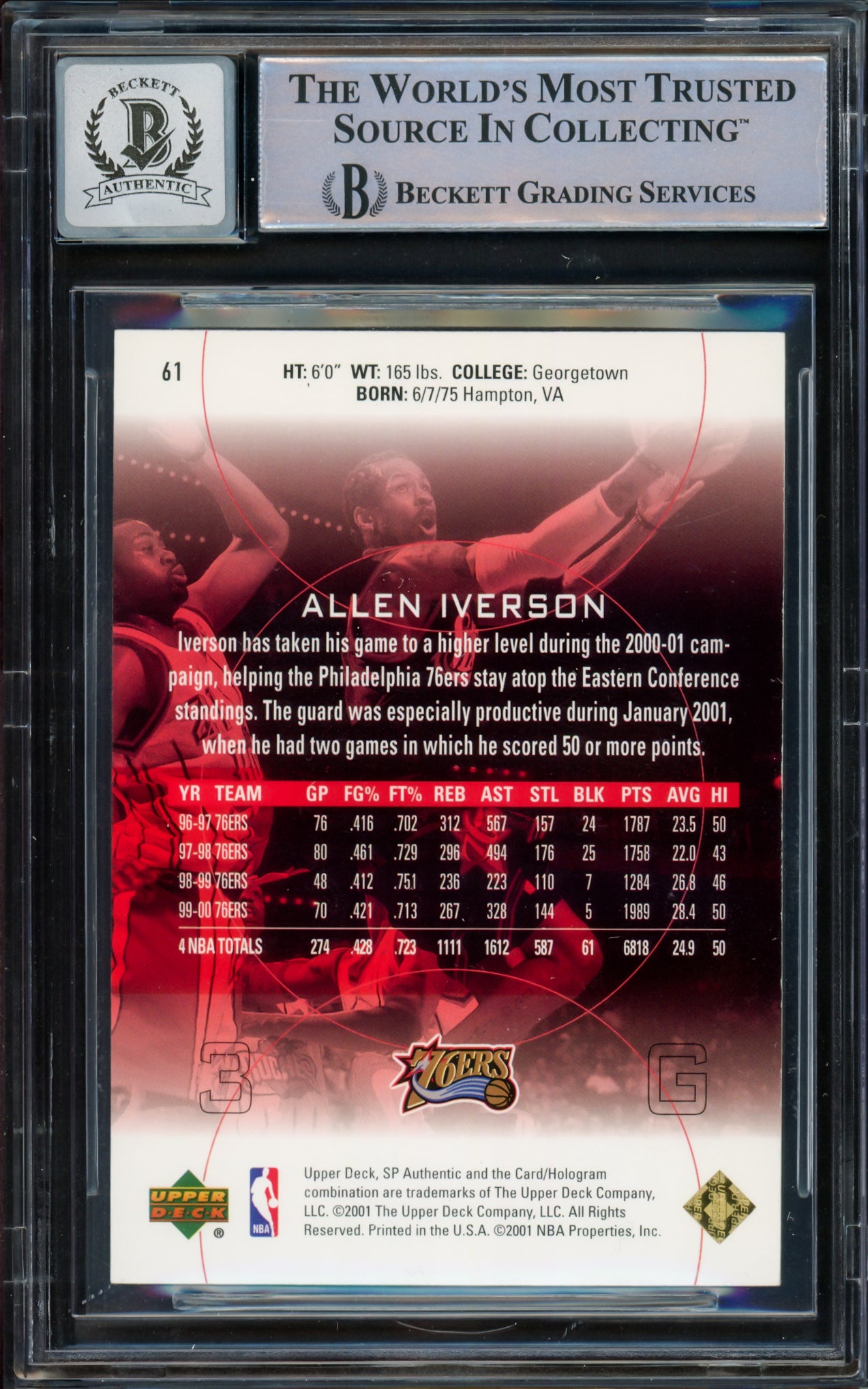 Allen Iverson Autographed 2000-01 SP Authentic Card #61 Philadelphia 76ers Auto Grade Gem Mint 10 Beckett BAS Witnessed #16562016