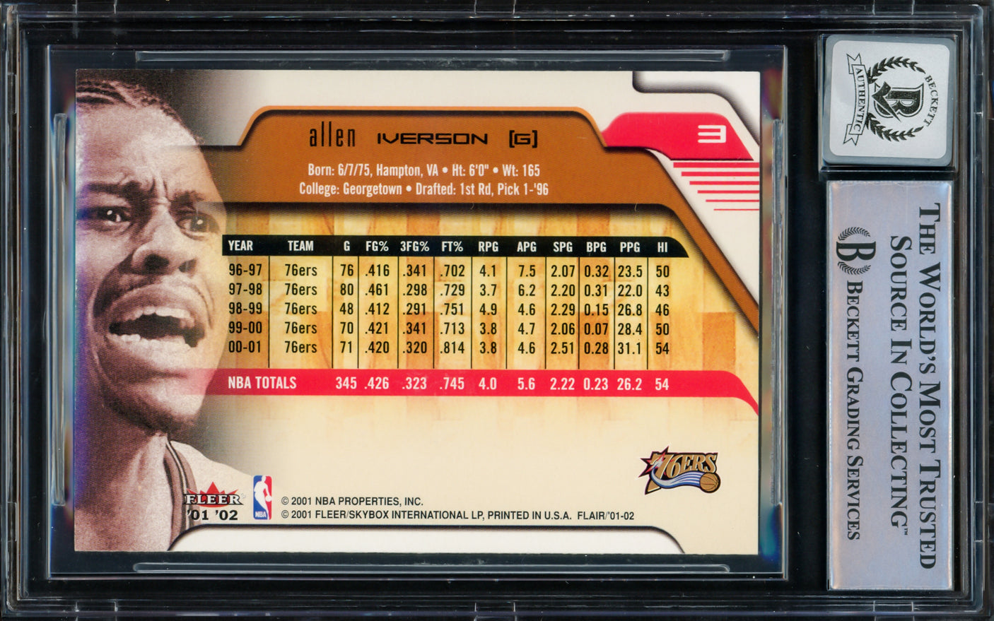Allen Iverson Autographed 2001-02 Flair Card #3 Philadelphia 76ers Auto Grade Gem Mint 10 Beckett BAS Witnessed #16562131