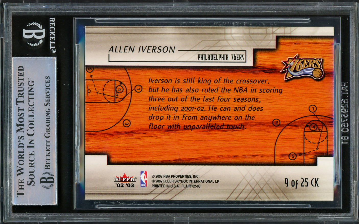 Allen Iverson Autographed 2002-03 Flair Court Kings Card #9 Philadelphia 76ers Beckett BAS Witnessed #16562828