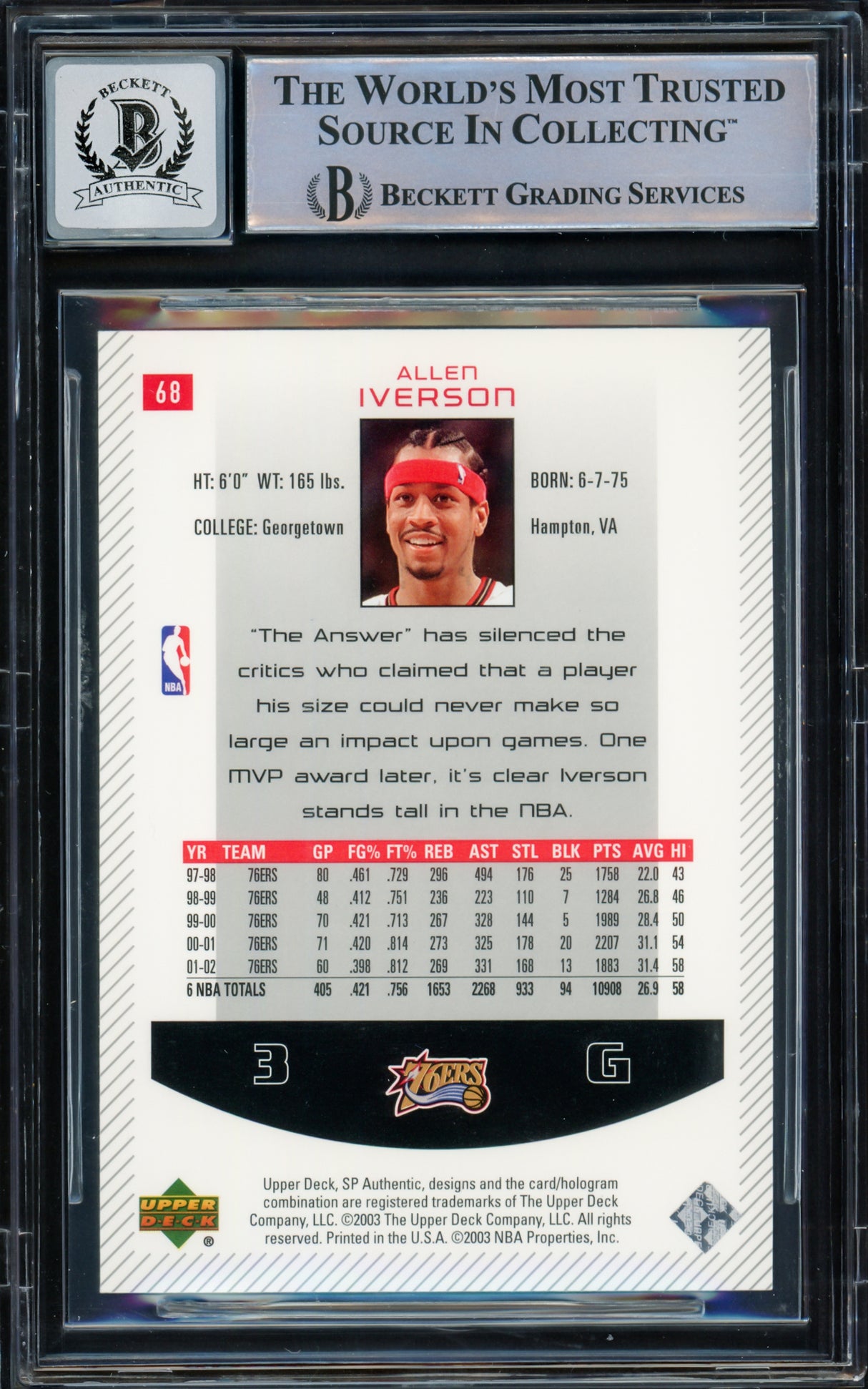 Allen Iverson Autographed 2002-03 SP Authentic Card #68 Philadelphia 76ers Auto Grade Gem Mint 10 Beckett BAS Witnessed Stock #233492