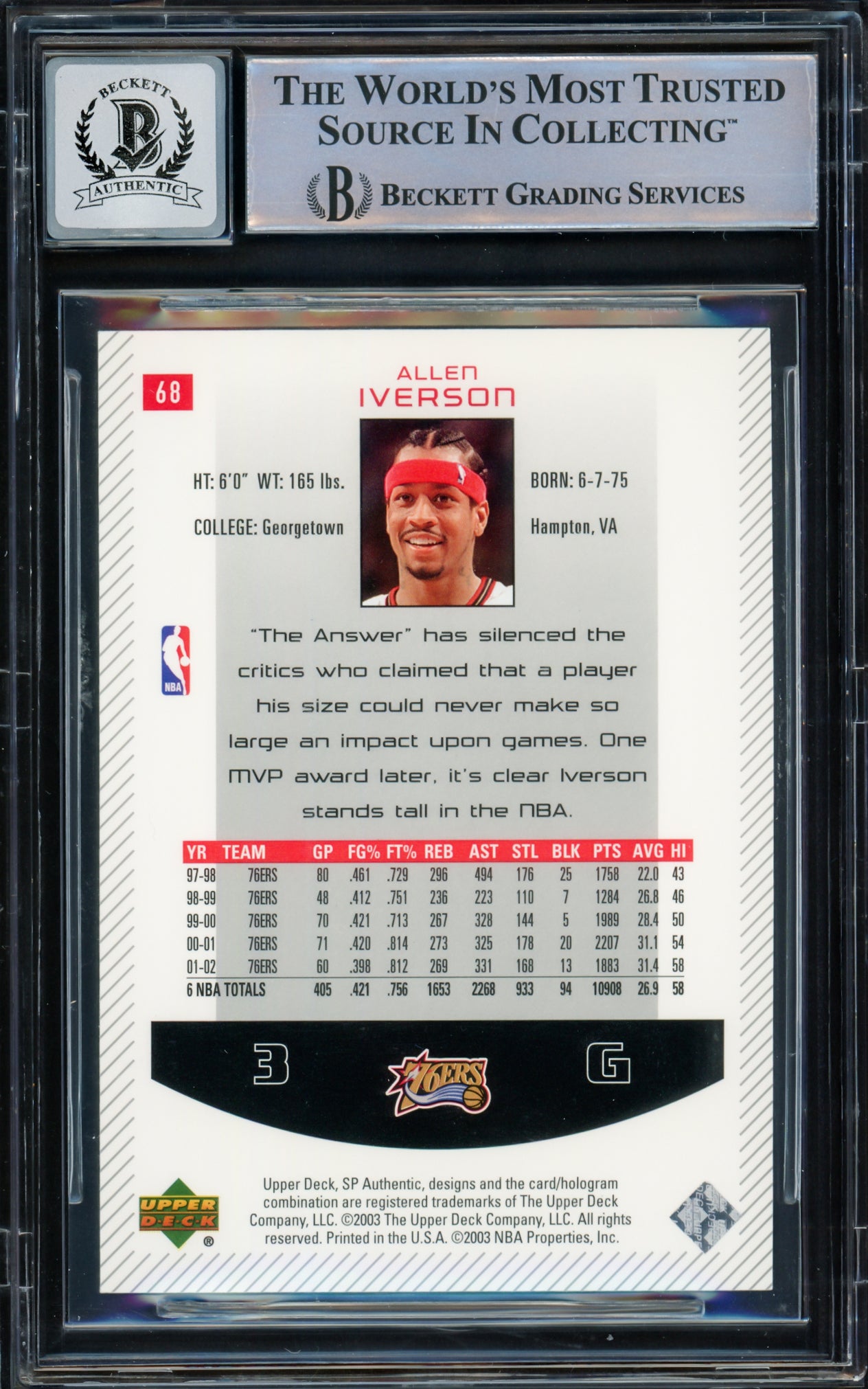 Allen Iverson Autographed 2002-03 SP Authentic Card #68 Philadelphia 76ers Auto Grade Gem Mint 10 Beckett BAS Witnessed Stock #233492