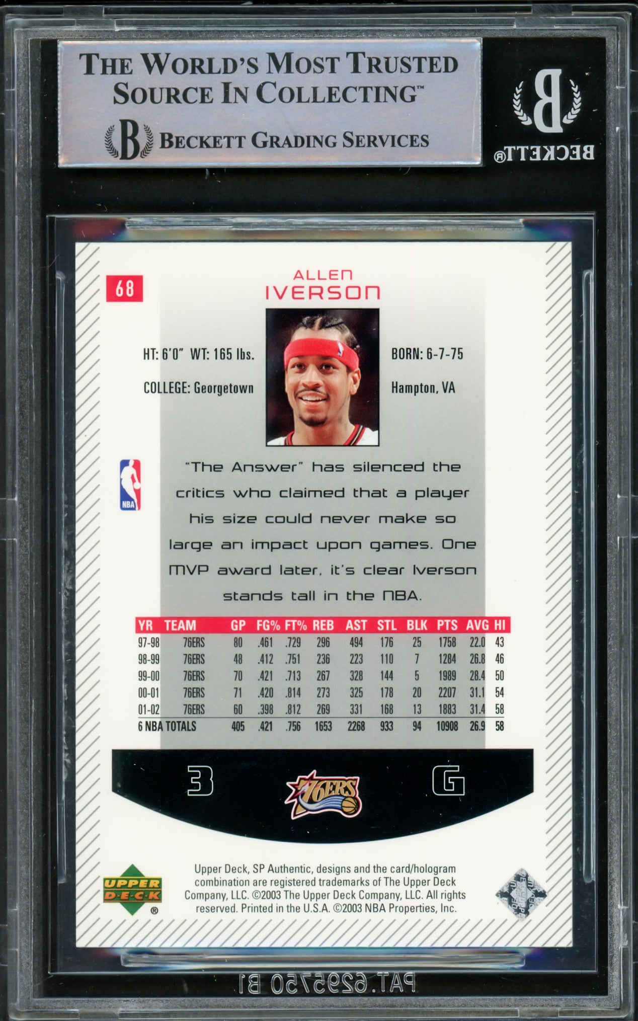 Allen Iverson Autographed 2002-03 SP Authentic Card #68 Philadelphia 76ers Beckett BAS Witnessed #16562919