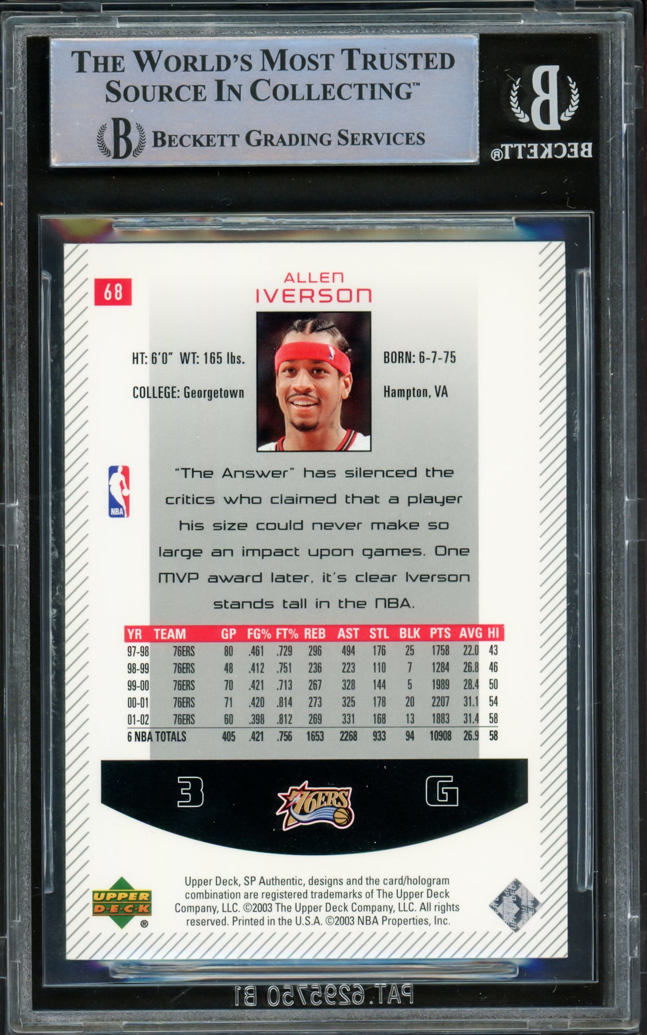 Allen Iverson Autographed 2002-03 SP Authentic Card #68 Philadelphia 76ers Beckett BAS Witnessed #16562920
