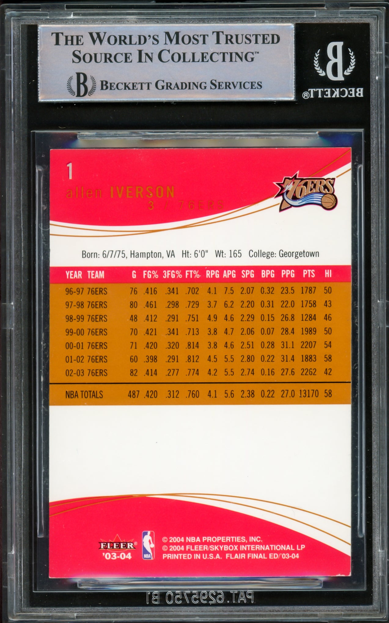 Allen Iverson Autographed 2003-04 Flair Final Edition Card #1 Philadelphia 76ers Beckett BAS Witnessed #16562855