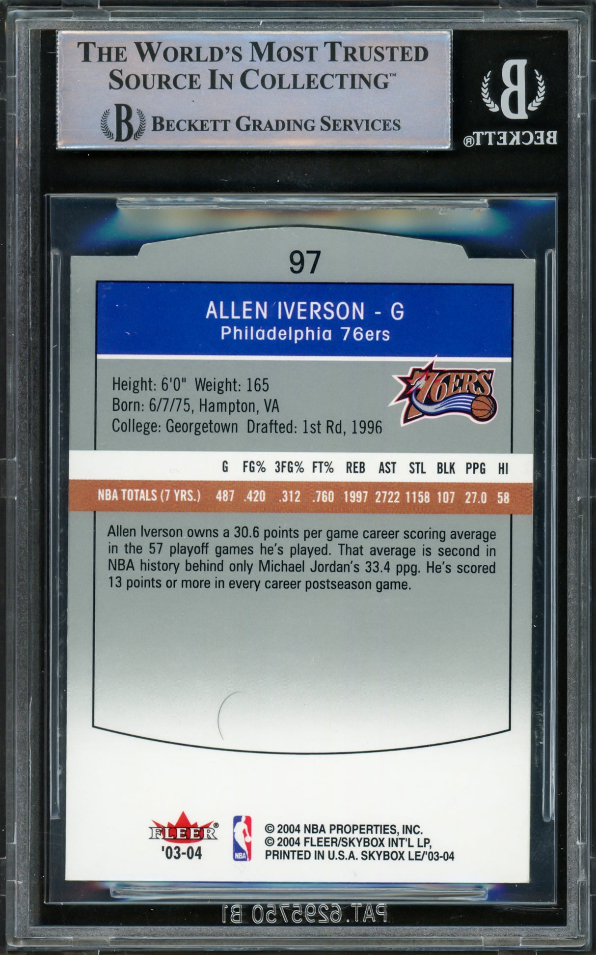 Allen Iverson Autographed 2003-04 Skybox LE Card #97 Philadelphia 76ers Beckett BAS Witnessed #16562823