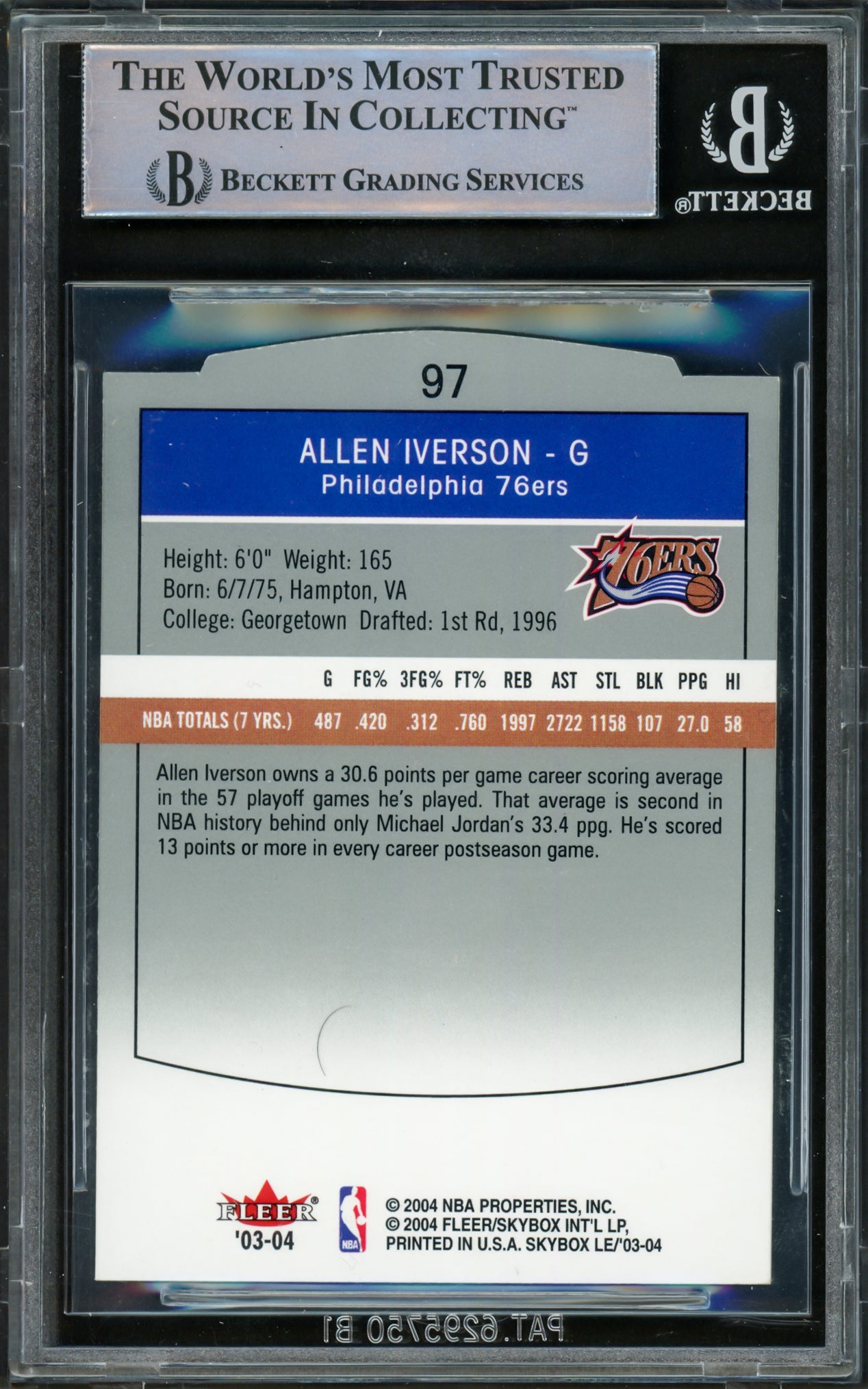 Allen Iverson Autographed 2003-04 Skybox LE Card #97 Philadelphia 76ers Beckett BAS Witnessed #16562823