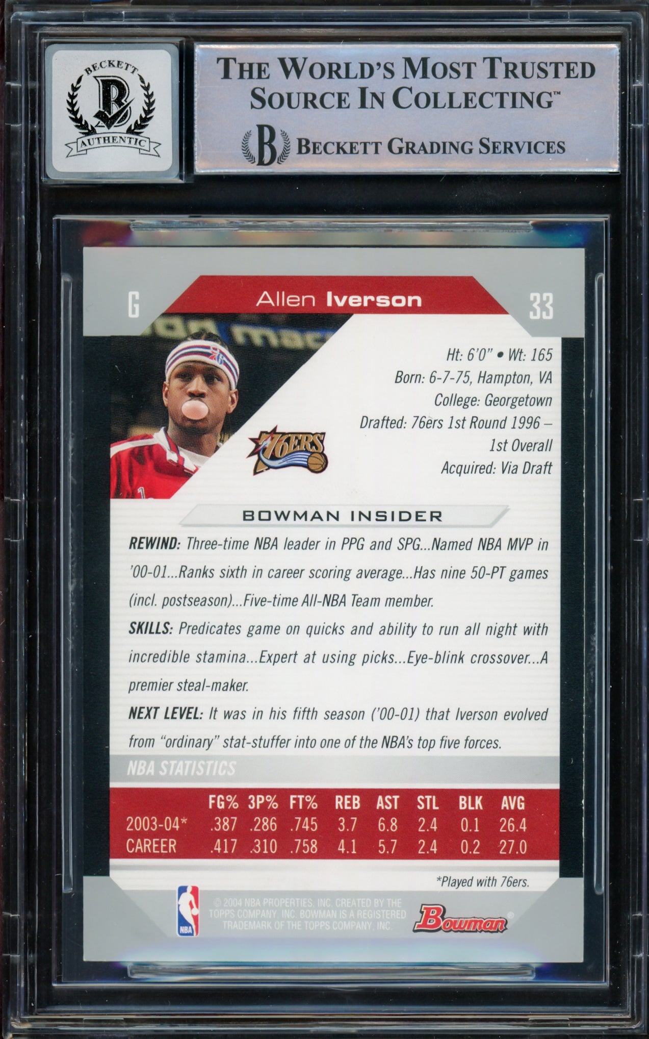 Allen Iverson Autographed 2004-05 Bowman Card #33 Philadelphia 76ers Auto Grade Gem Mint 10 Beckett BAS Witnessed #16561908
