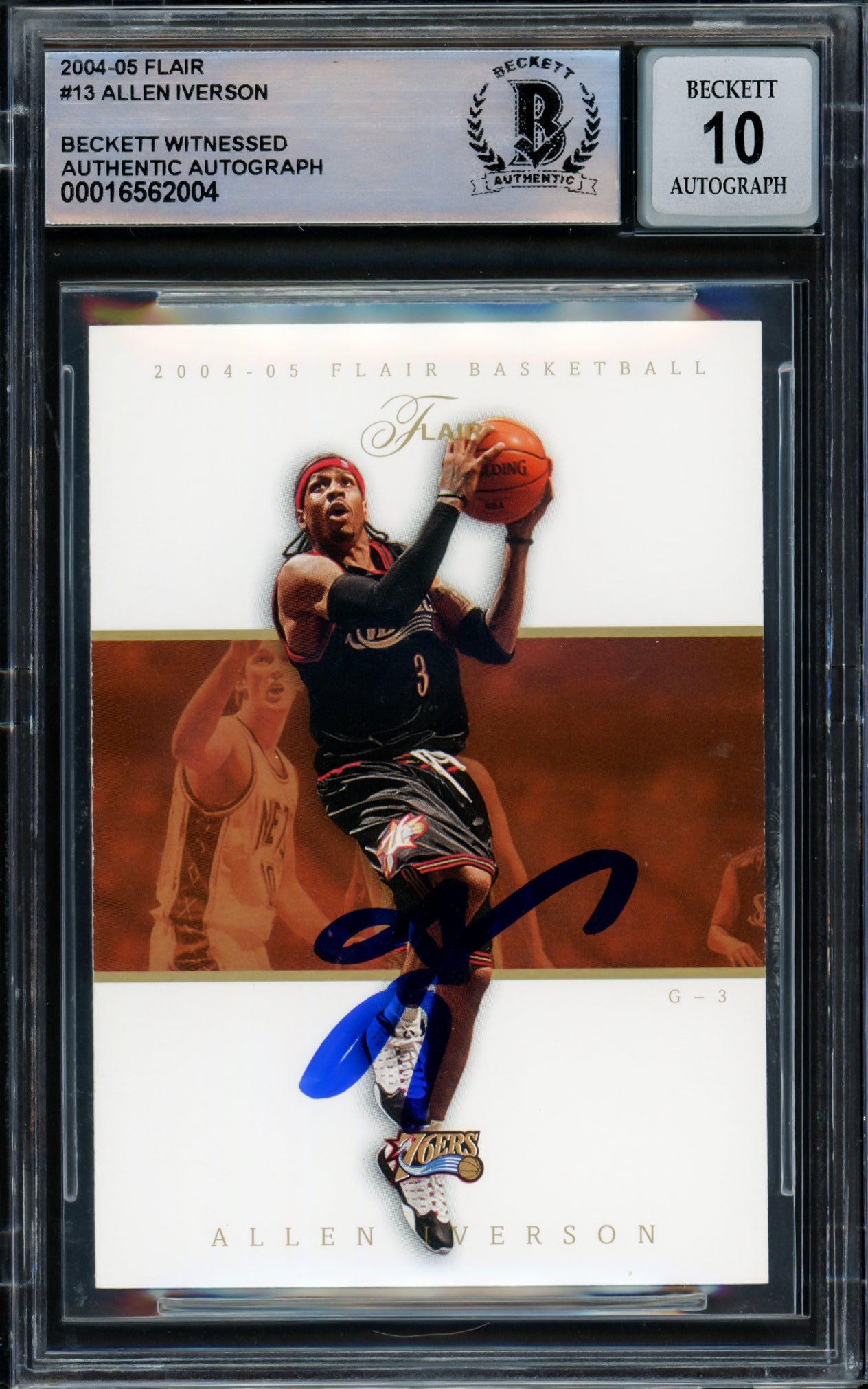 Allen Iverson Autographed 2004-05 Flair Card #13 Philadelphia 76ers Auto Grade Gem Mint 10 Beckett BAS Witnessed #16562004