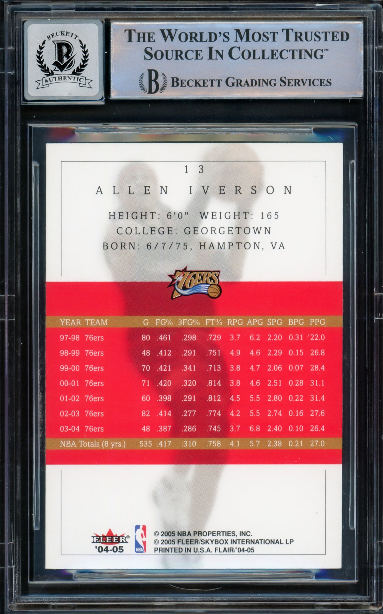 Allen Iverson Autographed 2004-05 Flair Card #13 Philadelphia 76ers Auto Grade Gem Mint 10 Beckett BAS Witnessed #16562004