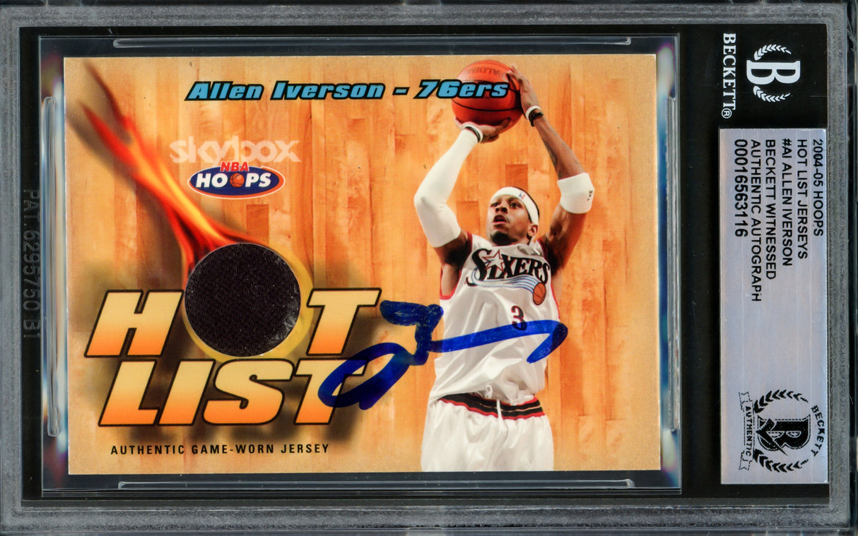 Allen Iverson Autographed 2004-05 Hoops Hot List Jerseys Card #A1 Philadelphia 76ers With Game Used Jersey Patch Beckett BAS Witnessed #16563116