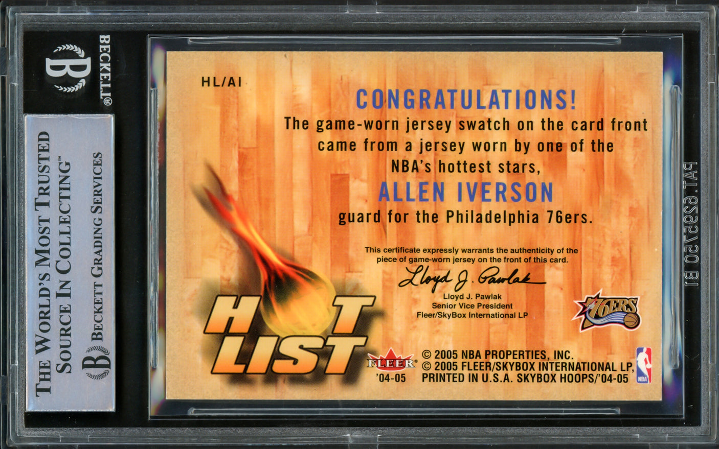Allen Iverson Autographed 2004-05 Hoops Hot List Jerseys Card #A1 Philadelphia 76ers With Game Used Jersey Patch Beckett BAS Witnessed #16563116