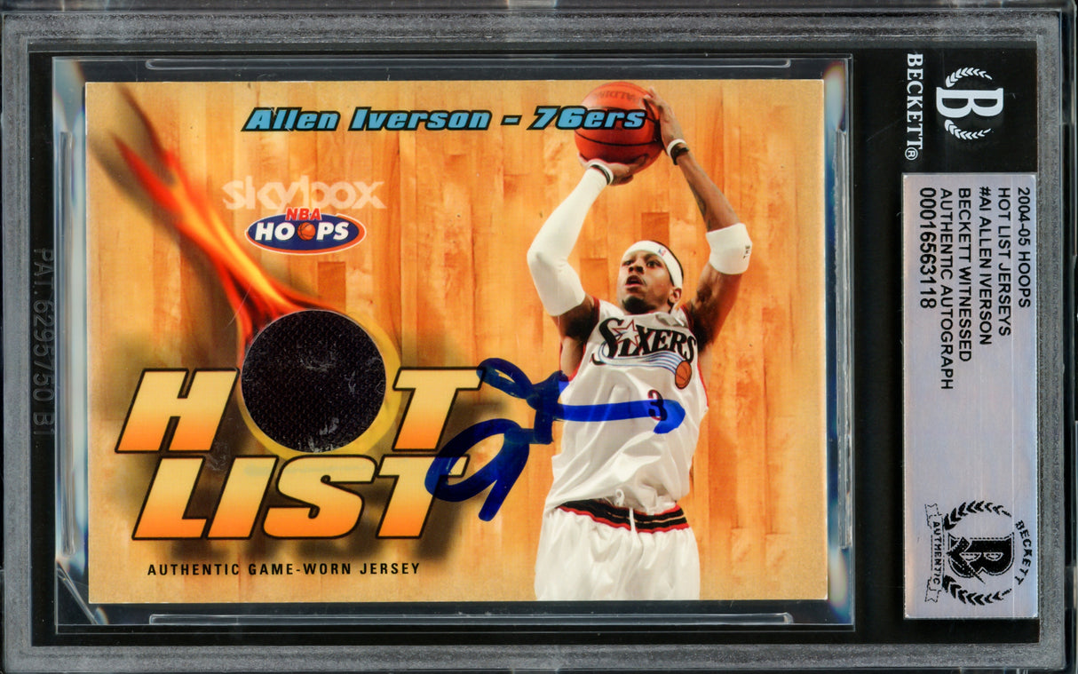 Allen Iverson Autographed 2004-05 Hoops Hot List Jerseys Card #A1 Philadelphia 76ers With Game Used Jersey Patch Beckett BAS Witnessed #16563118