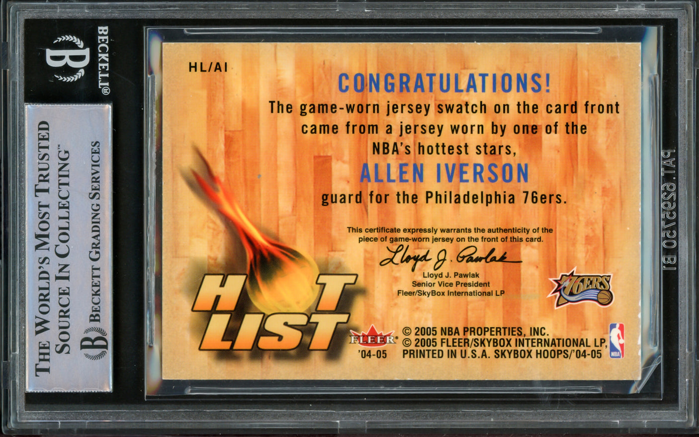 Allen Iverson Autographed 2004-05 Hoops Hot List Jerseys Card #A1 Philadelphia 76ers With Game Used Jersey Patch Beckett BAS Witnessed #16563118