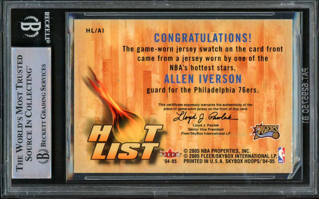 Allen Iverson Autographed 2004-05 Hoops Hot List Jerseys Card #A1 Philadelphia 76ers With Game Used Jersey Patch Beckett BAS Witnessed #16563118