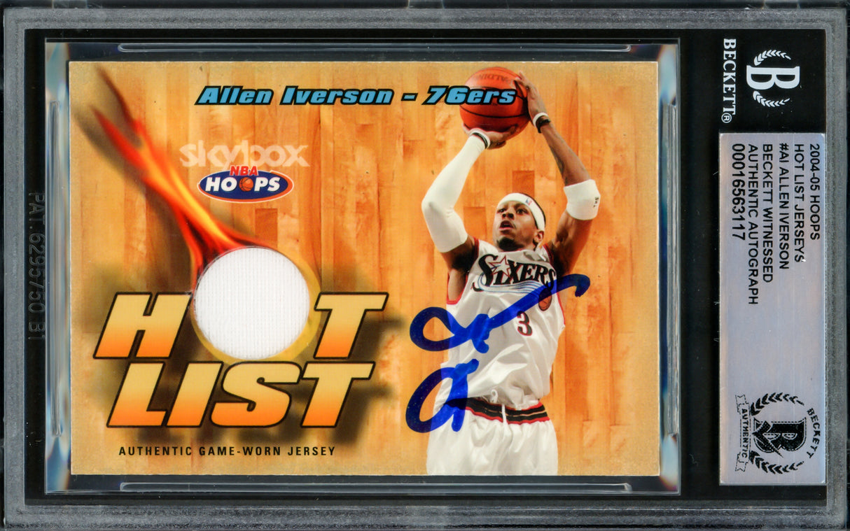 Allen Iverson Autographed 2004-05 Hoops Hot List Jerseys Card #A1 Philadelphia 76ers With Game Used Jersey Patch Beckett BAS Witnessed #16563117