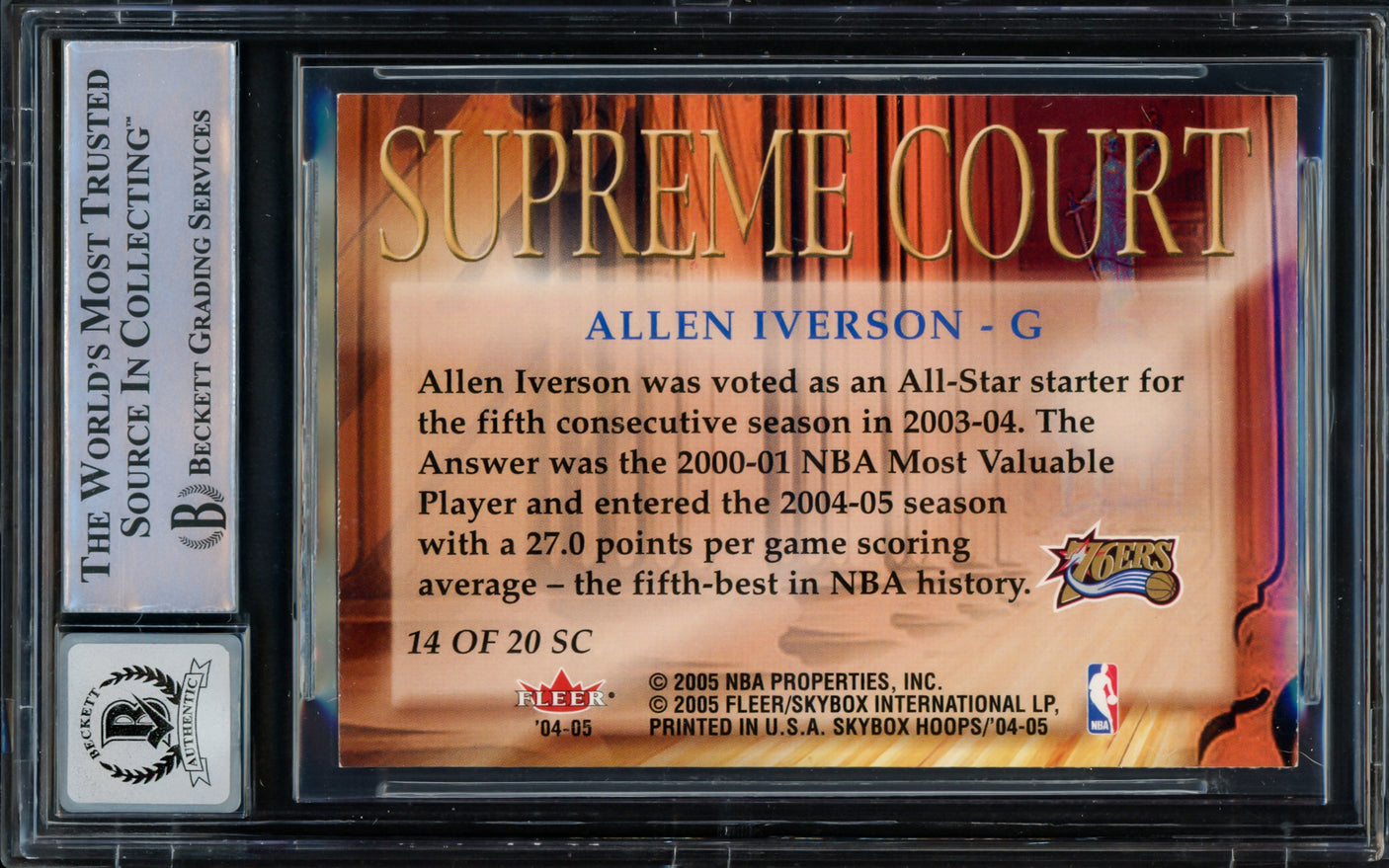 Allen Iverson Autographed 2004-05 Hoops Supreme Court Card #14 Philadelphia 76ers Auto Grade Gem Mint 10 Beckett BAS Witnessed #16562009