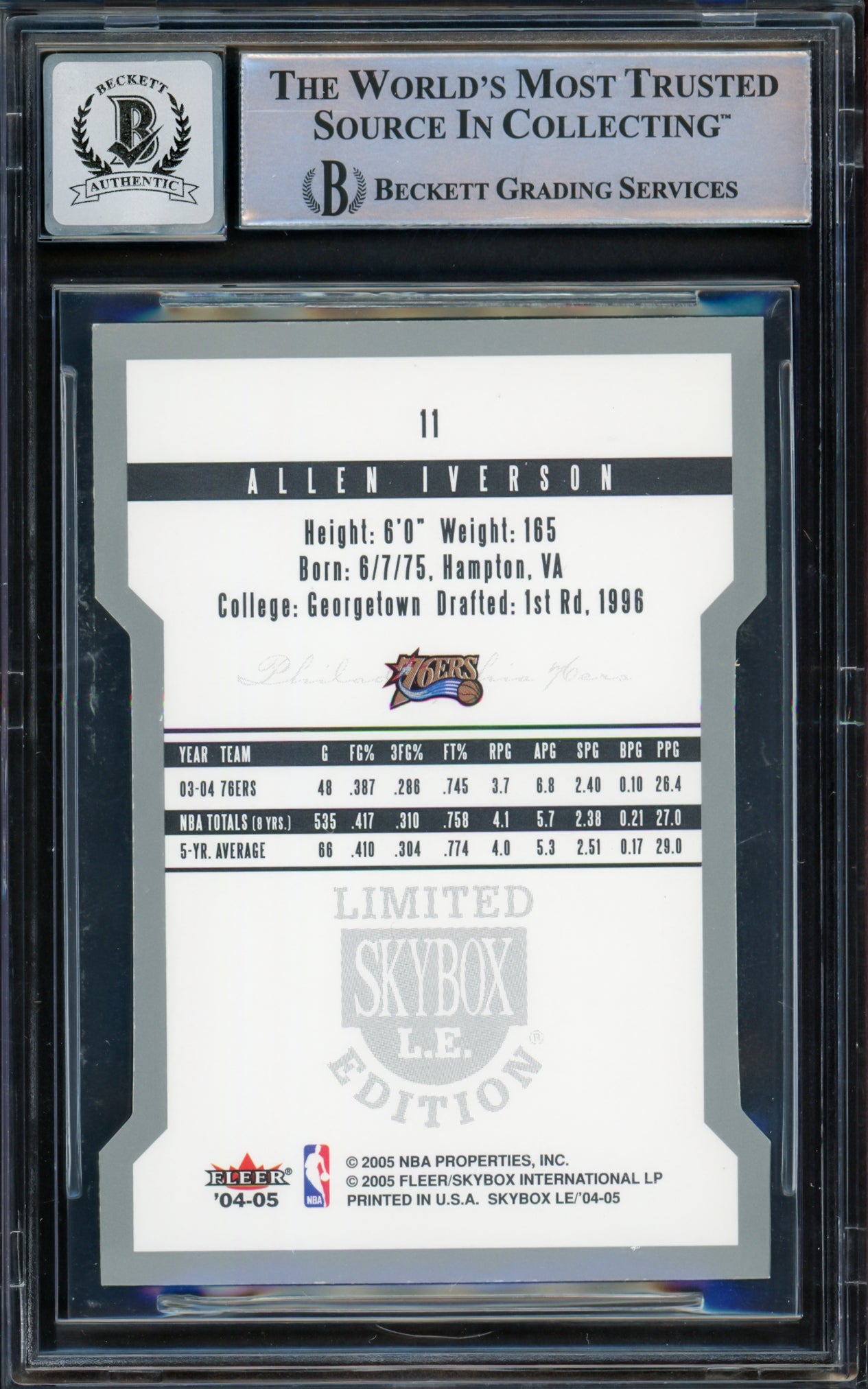 Allen Iverson Autographed 2004-05 Skybox LE Card #11 Philadelphia 76ers Auto Grade Gem Mint 10 Beckett BAS Witnessed #16561804