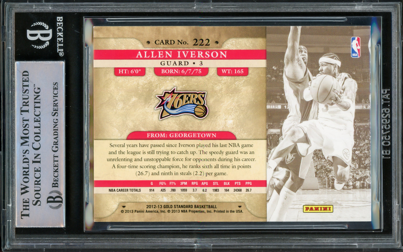 Allen Iverson Autographed 2012-13 Panini Gold Standard Card #222 Philadelphia 76ers #296/349 Beckett BAS Witnessed #16563115