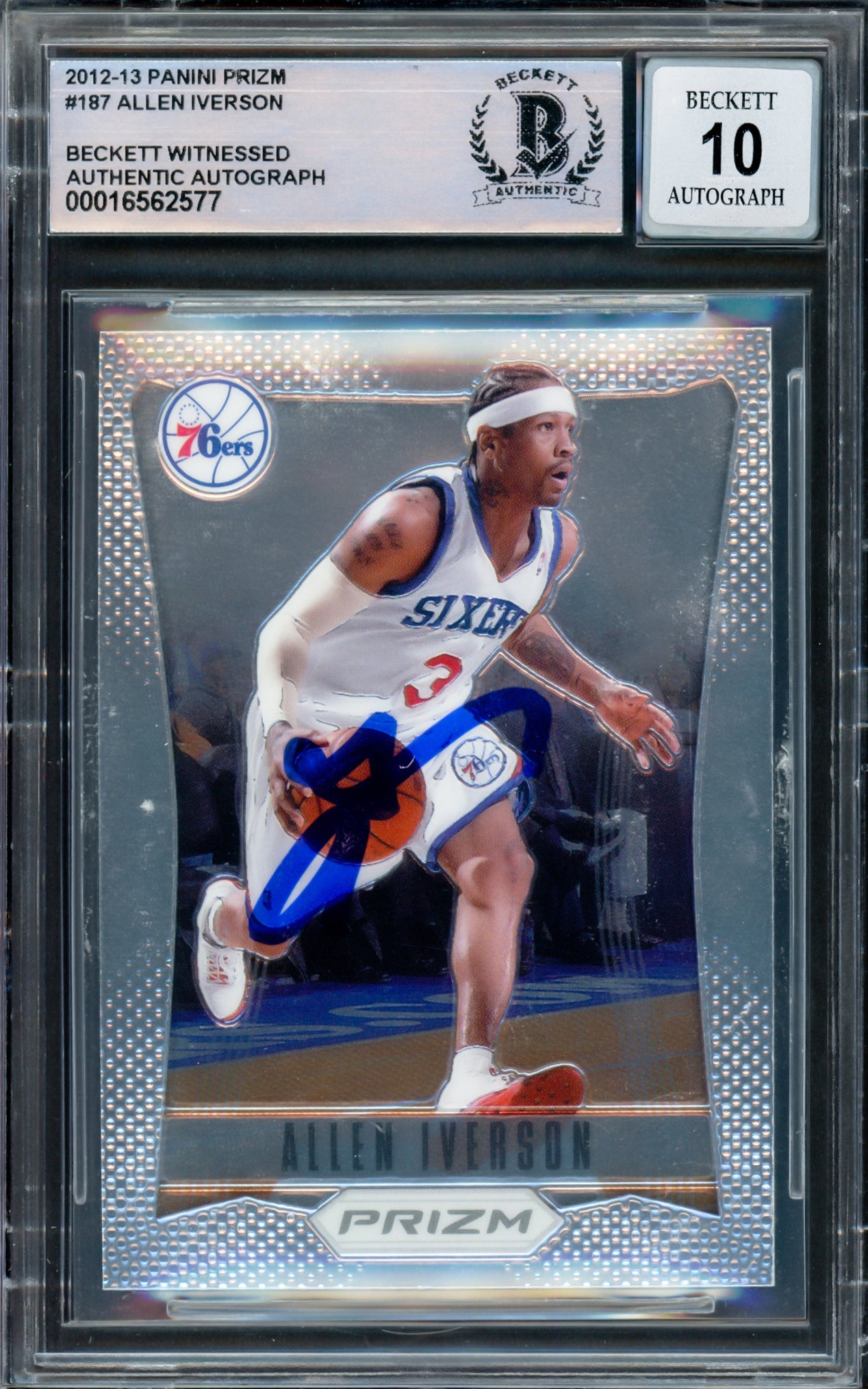 Allen Iverson Autographed 2012-13 Panini Prizm Card #187 Philadelphia 76ers Auto Grade Gem Mint 10 Beckett BAS Witnessed Stock #233509