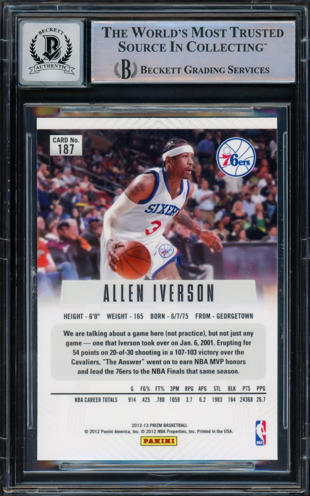 Allen Iverson Autographed 2012-13 Panini Prizm Card #187 Philadelphia 76ers Auto Grade Gem Mint 10 Beckett BAS Witnessed Stock #233509