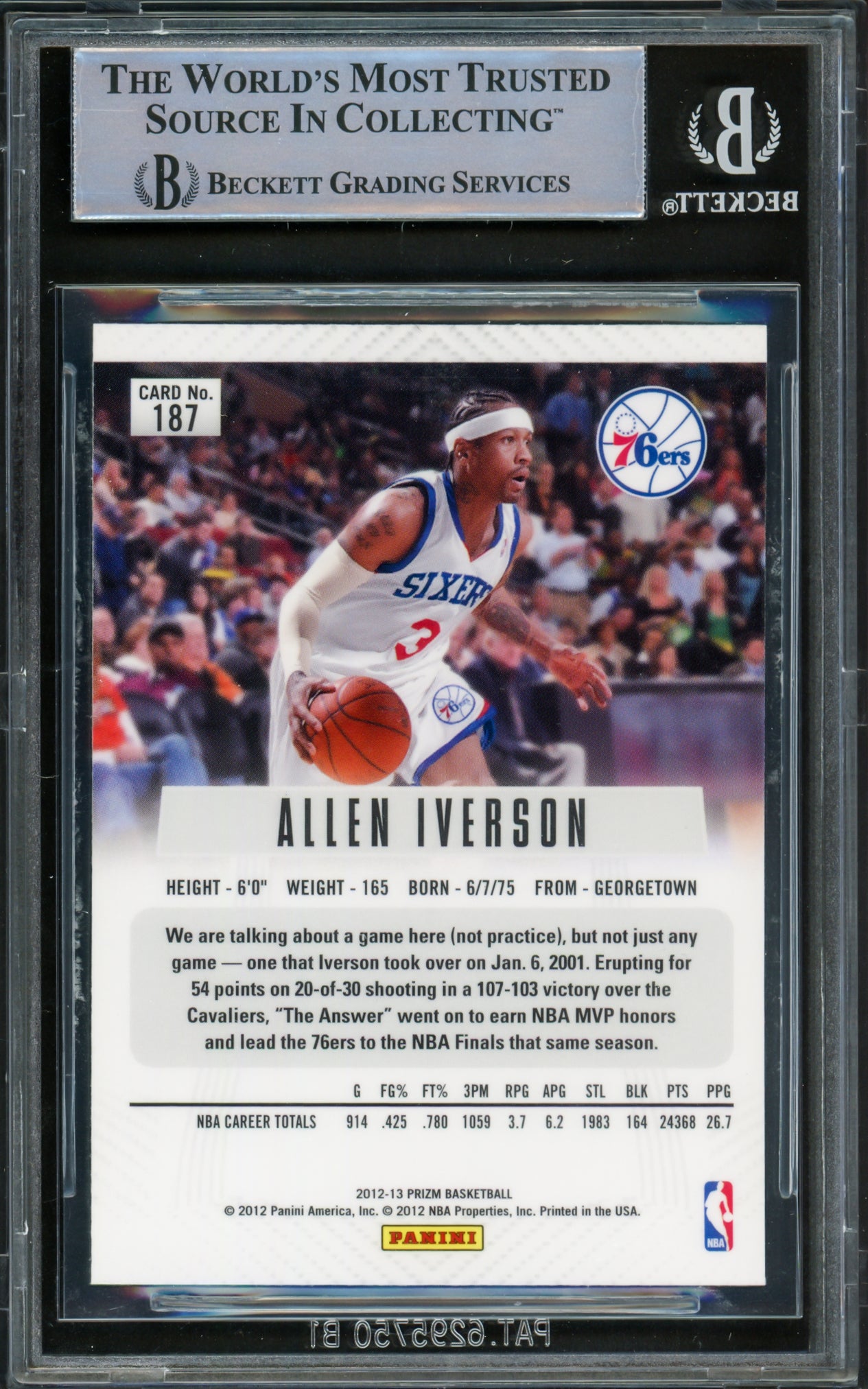 Allen Iverson Autographed 2012-13 Panini Prizm Card #187 Philadelphia 76ers Beckett BAS Witnessed #16563044
