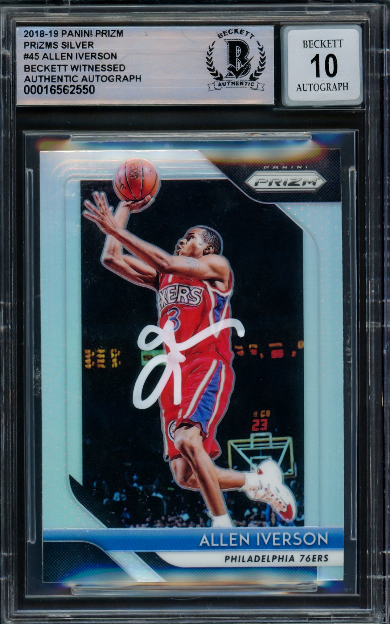 Allen Iverson Autographed 2018-19 Panini Prizm Prizms Silver Card #45 Philadelphia 76ers Auto Grade Gem Mint 10 Beckett BAS Witnessed Stock #233514