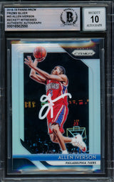 Allen Iverson Autographed 2018-19 Panini Prizm Prizms Silver Card #45 Philadelphia 76ers Auto Grade Gem Mint 10 Beckett BAS Witnessed Stock #233514