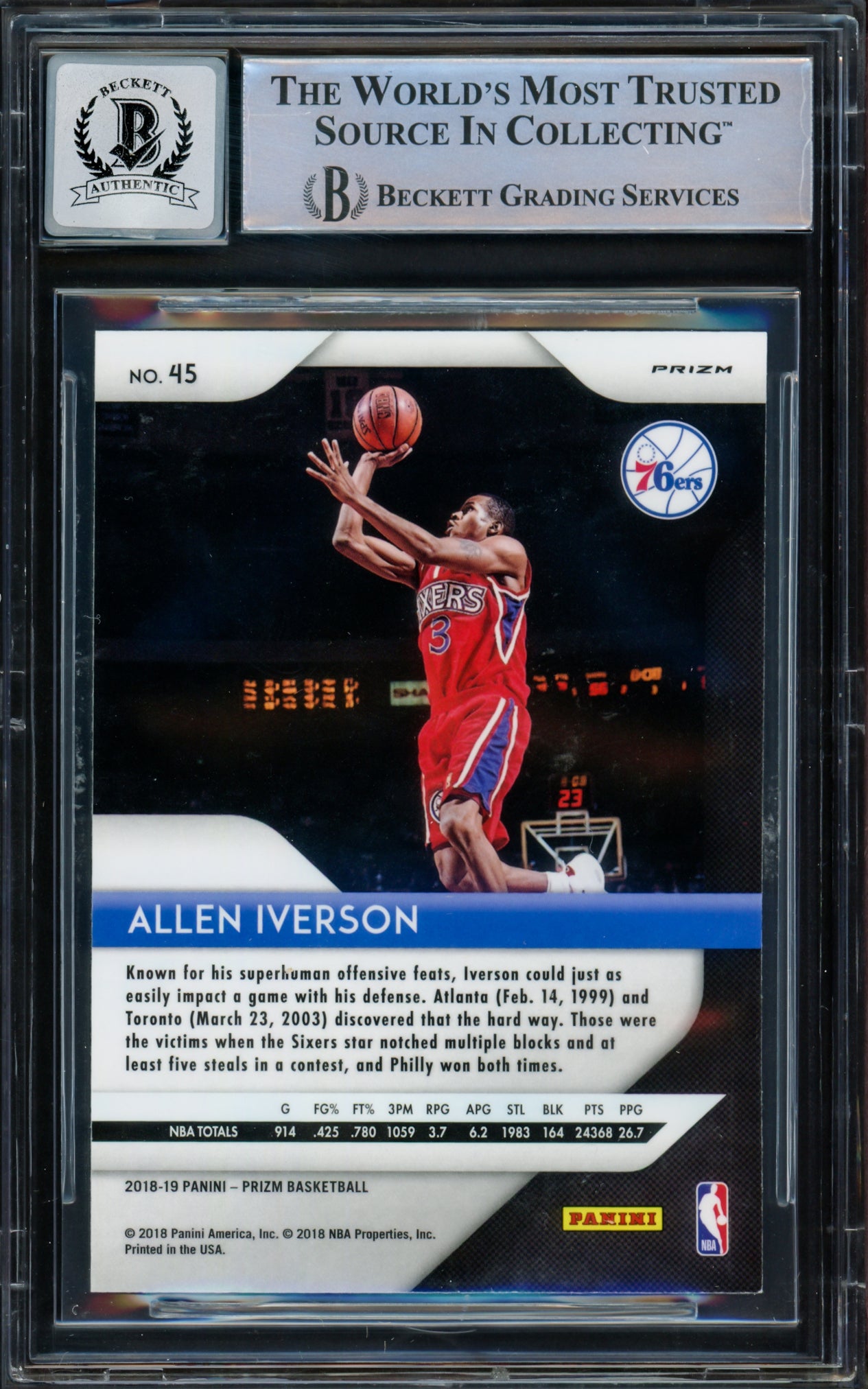 Allen Iverson Autographed 2018-19 Panini Prizm Prizms Silver Card #45 Philadelphia 76ers Auto Grade Gem Mint 10 Beckett BAS Witnessed Stock #233514