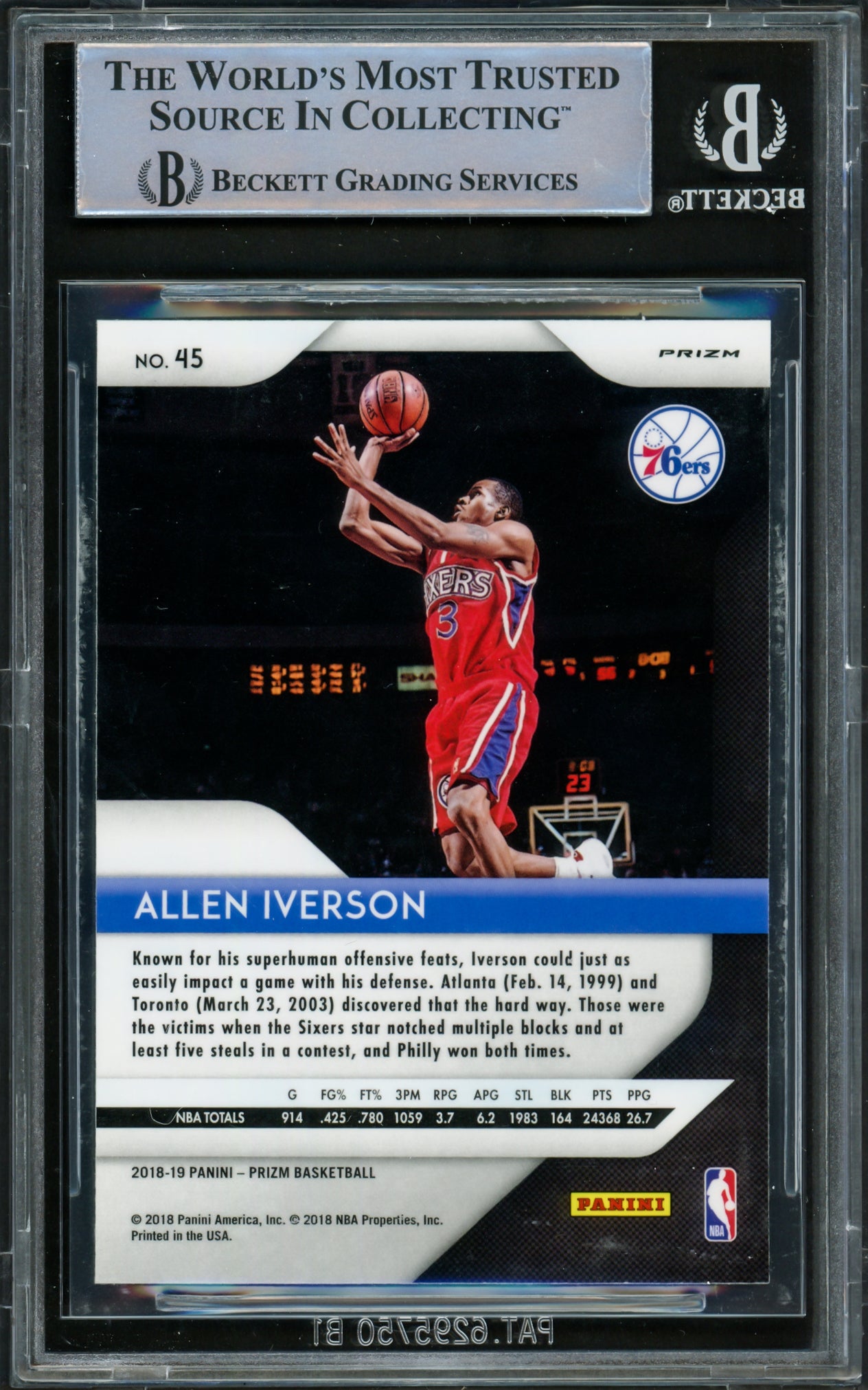 Allen Iverson Autographed 2018-19 Panini Prizm Prizms Silver Card #45 Philadelphia 76ers Beckett BAS Witnessed #16563075