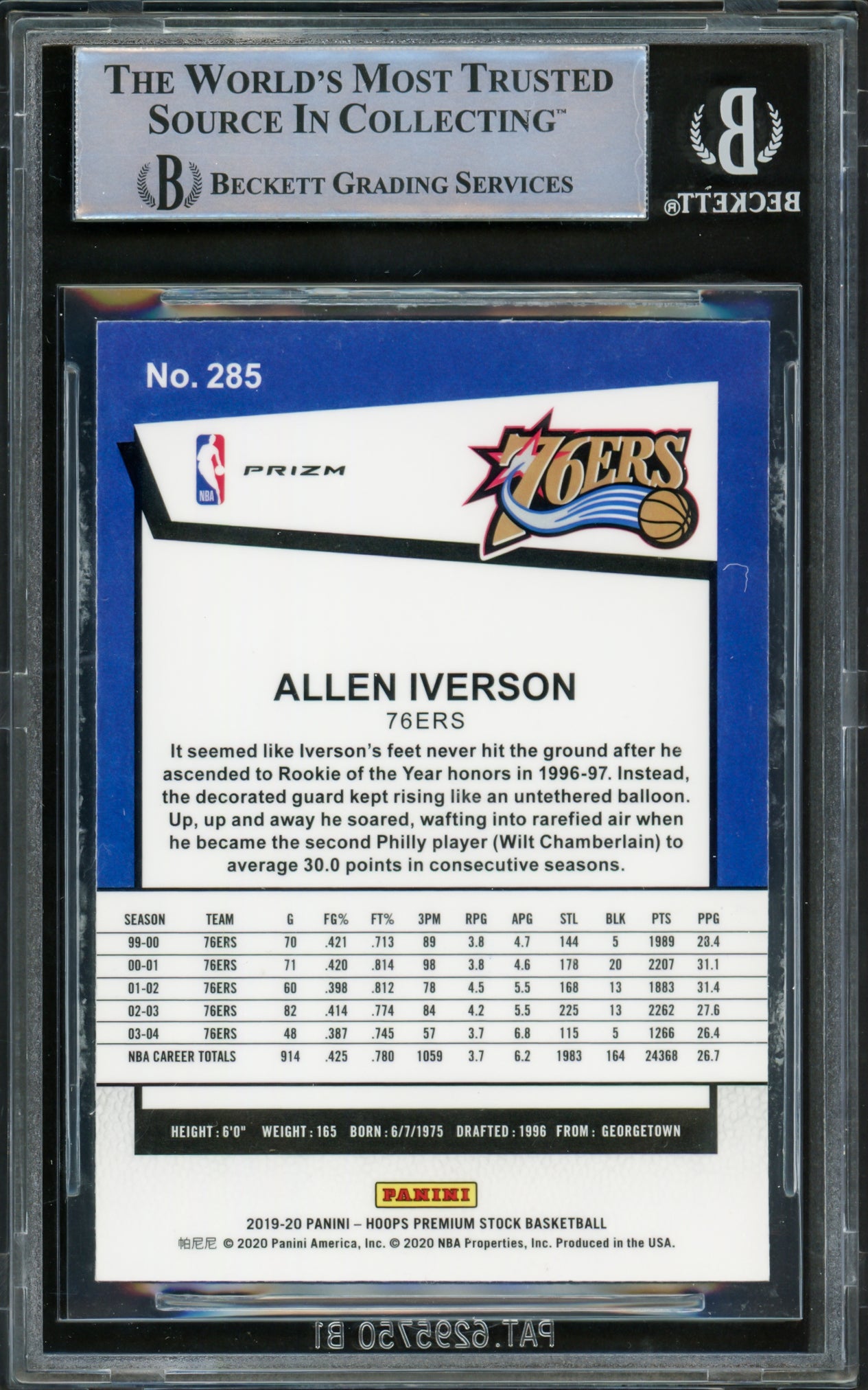 Allen Iverson Autographed 2019-20 Hopps Premium Stock Prizms Silver Card #285 Philadelphia 76ers Beckett BAS Witnessed #16563047