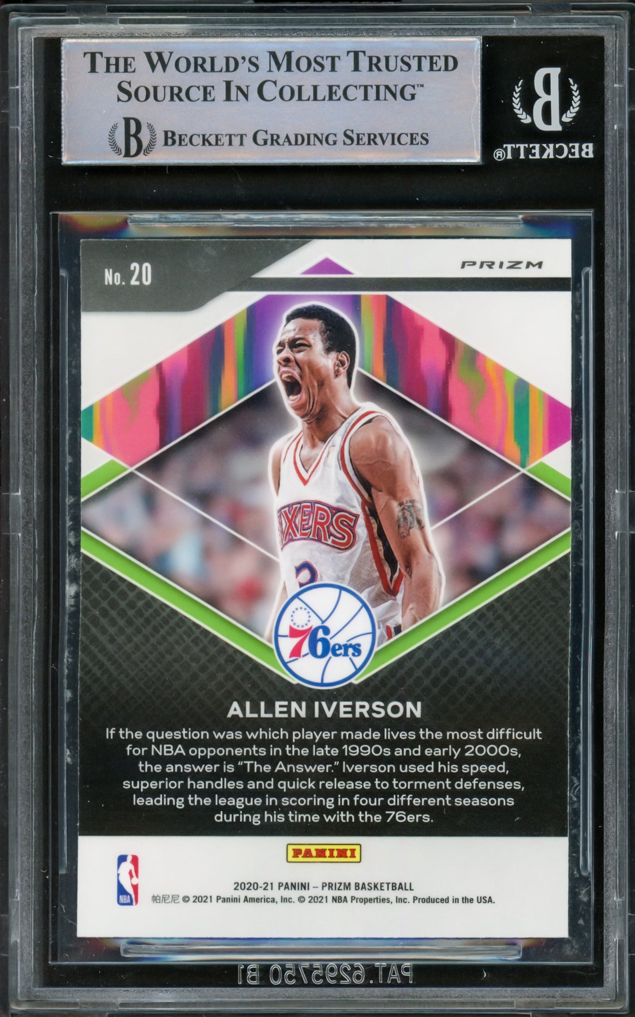Allen Iverson Autographed 2020-21 Panini Prizm Fearless Prizms Silver Card #20 Philadelphia 76ers Beckett BAS Witnessed #16563051