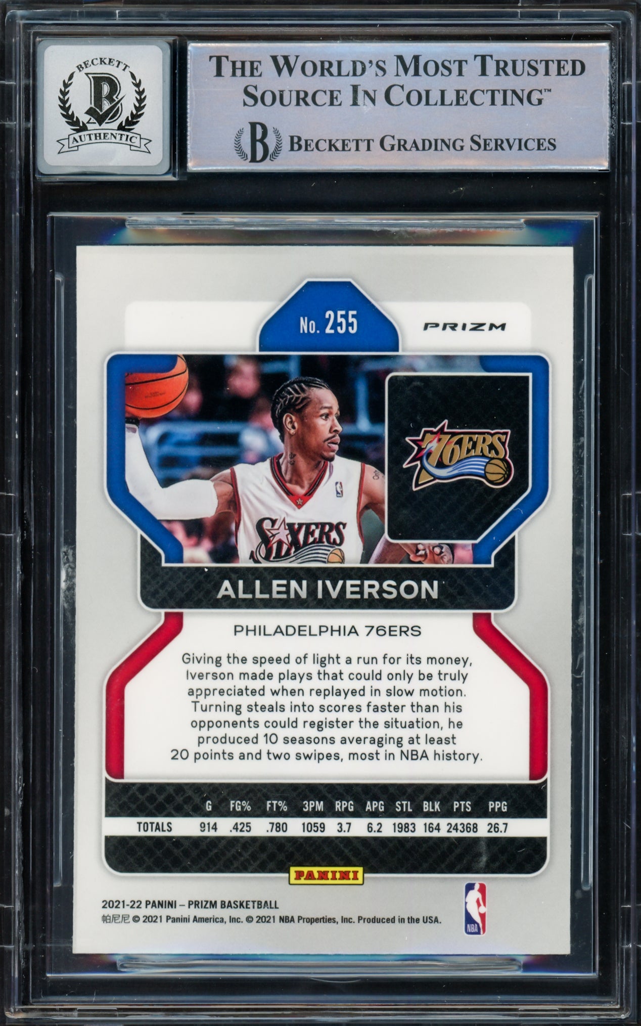 Allen Iverson Autographed 2021-22 Panini Prizm Prizms Pink Ice Card #255 Philadelphia 76ers Auto Grade Gem Mint 10 Beckett BAS Witnessed #16562625