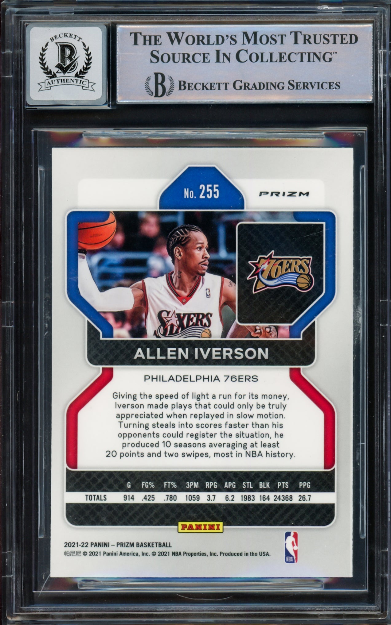 Allen Iverson Autographed 2021-22 Panini Prizm Prizms Ice Card #255 Philadelphia 76ers Auto Grade Gem Mint 10 Beckett BAS Witnessed Stock #233527