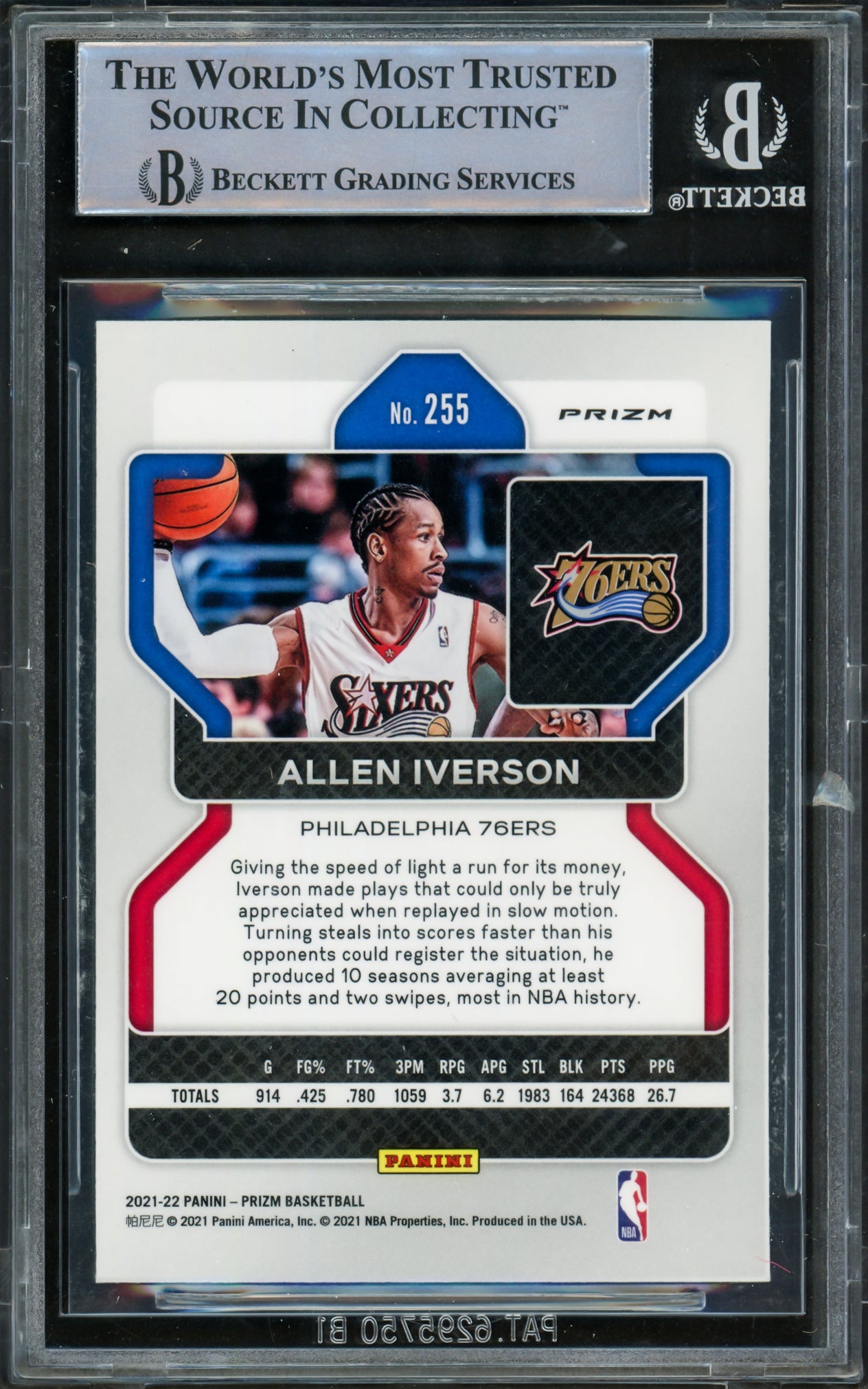 Allen Iverson Autographed 2021-22 Panini Prizm Prizms Ice Card #255 Philadelphia 76ers Beckett BAS Witnessed #16563101