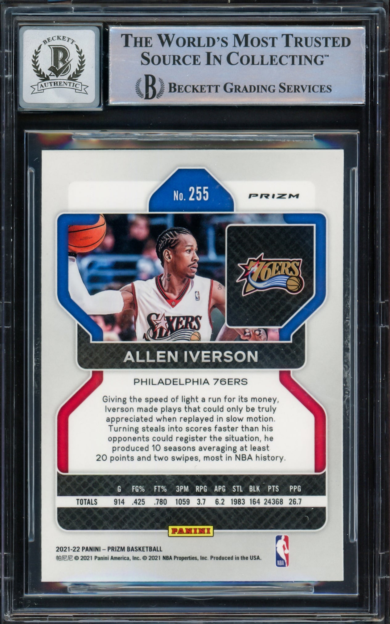 Allen Iverson Autographed 2021-22 Panini Prizm Prizms Orange Ice Card #255 Philadelphia 76ers Auto Grade Gem Mint 10 Beckett BAS Witnessed Stock #233530