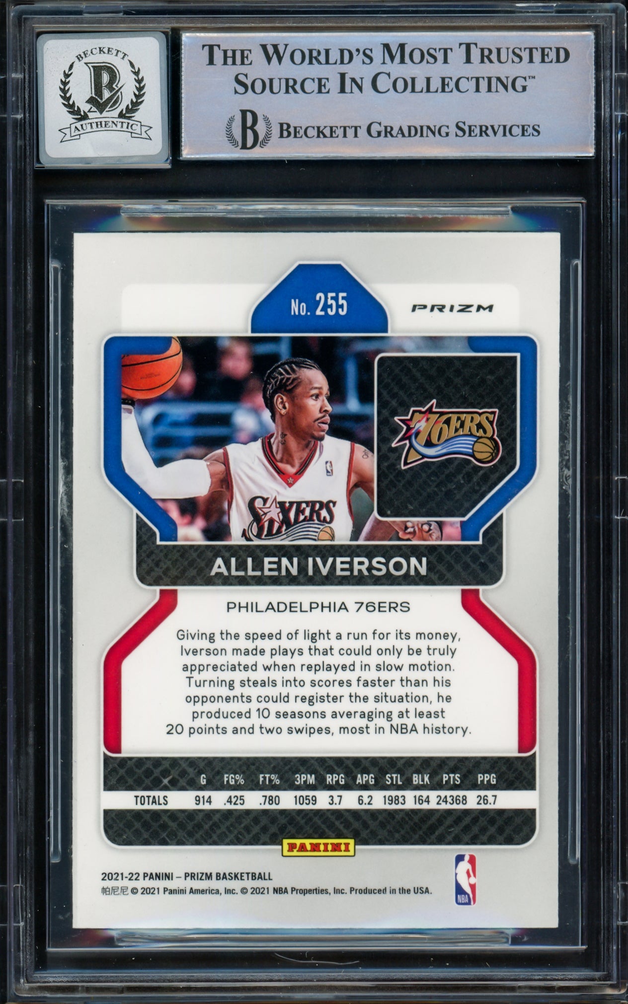 Allen Iverson Autographed 2021-22 Panini Prizm Prizms Red Ice Card #255 Philadelphia 76ers Auto Grade Gem Mint 10 Beckett BAS Witnessed Stock #233532