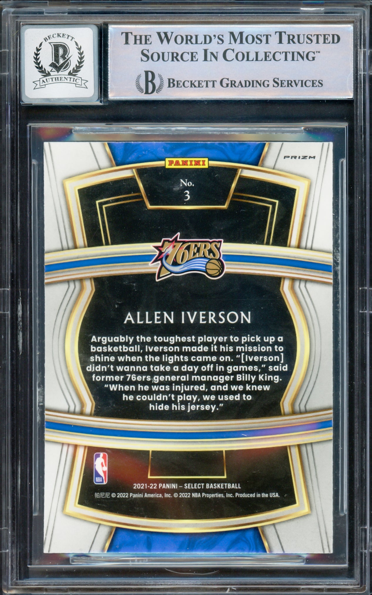 Allen Iverson Autographed 2021-22 Select Company Prizms Red Card #3 Philadelphia 76ers Auto Grade Gem Mint 10 Beckett BAS Witnessed #16562533