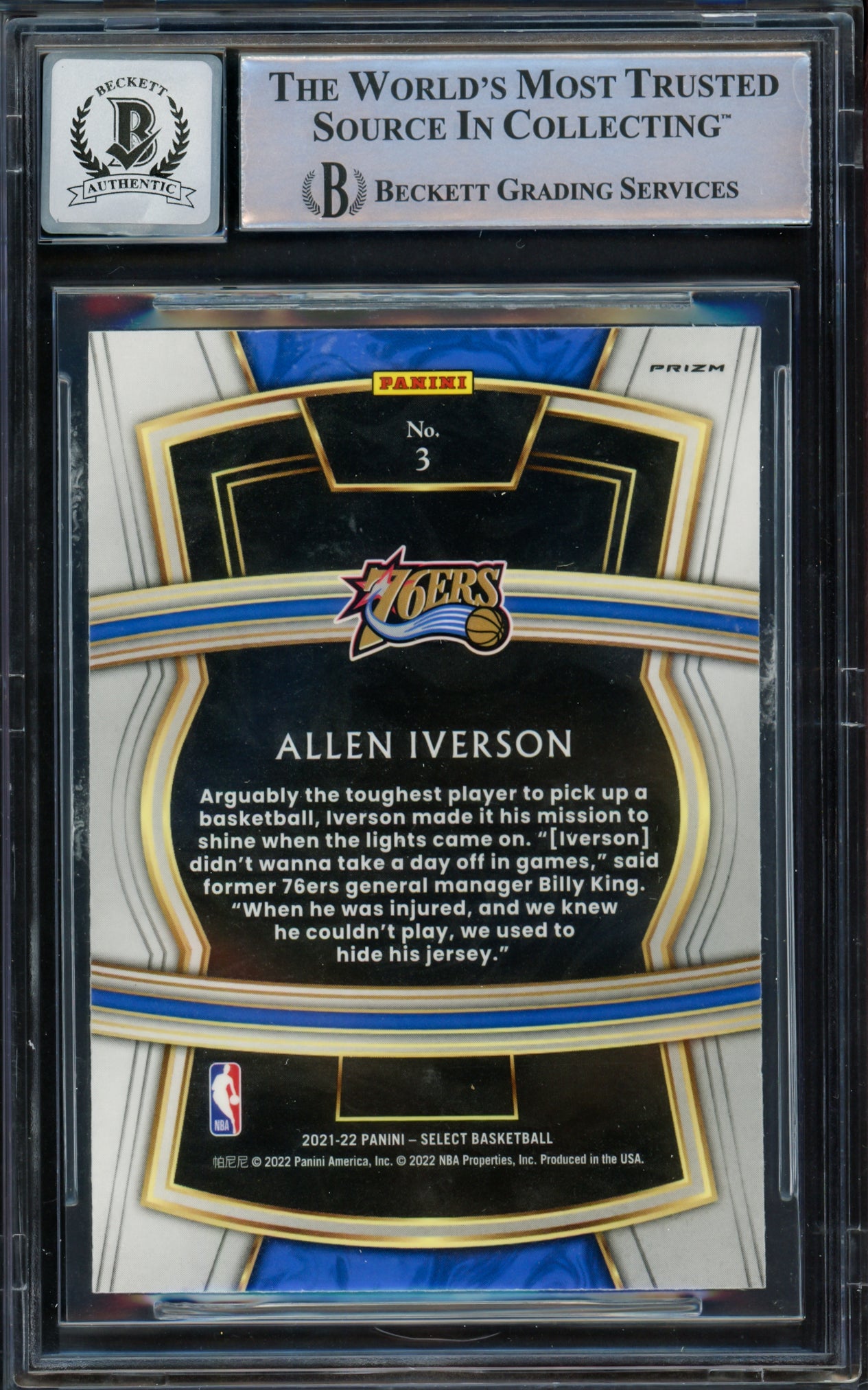 Allen Iverson Autographed 2021-22 Select Company Prizms Red Card #3 Philadelphia 76ers Auto Grade Gem Mint 10 Beckett BAS Witnessed #16562534