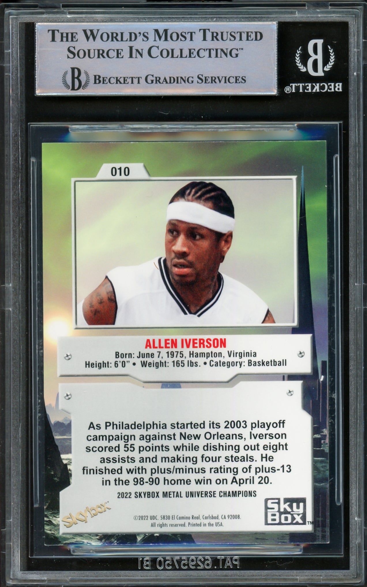 Allen Iverson Autographed 2022 Metal Universe Champions Card #10 Philadelphia 76ers Beckett BAS Witnessed #16562846