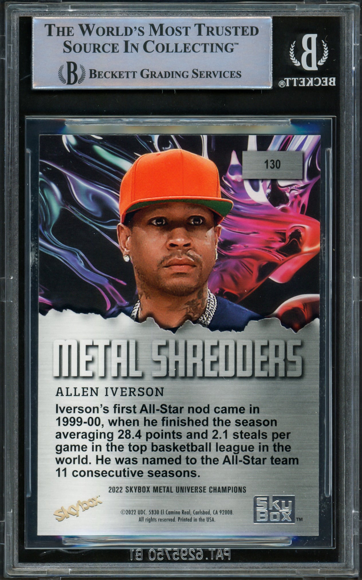 Allen Iverson Autographed 2022 Metal Universe Champions Card #130 Philadelphia 76ers Beckett BAS Witnessed #16562907