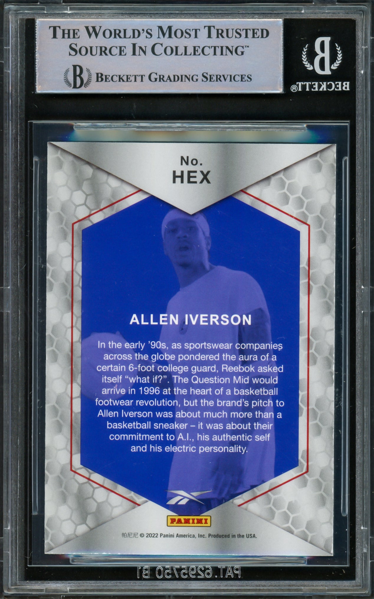 Allen Iverson Autographed 2022 Panini Reebok AI Card #HEX Philadelphia 76ers Beckett BAS Witnessed #16562852
