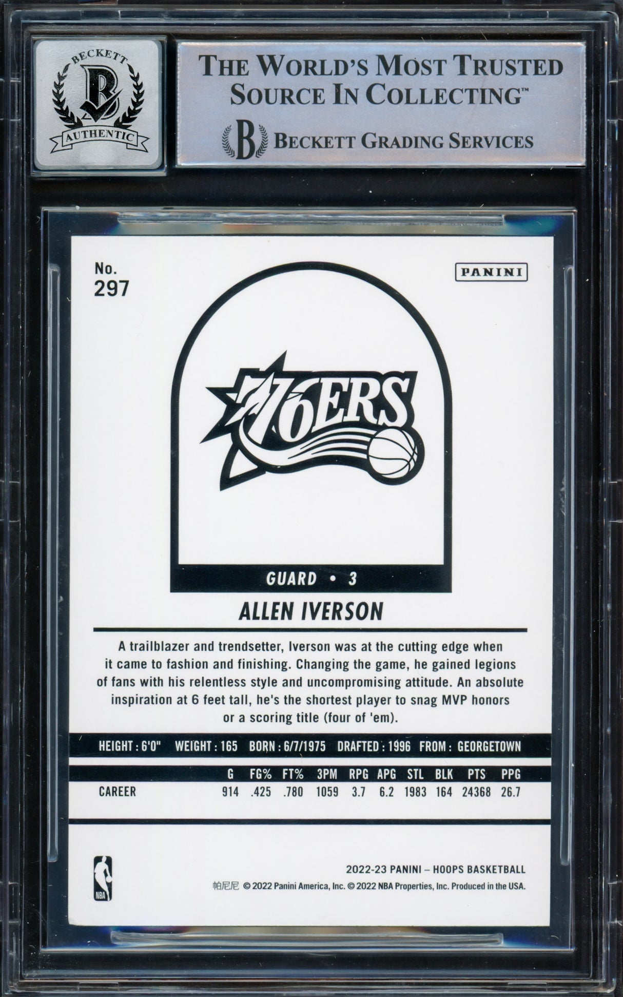 Allen Iverson Autographed 2022-23 Hoops Card #297 Philadelphia 76ers Auto Grade Gem Mint 10 Beckett BAS Witnessed #16562124